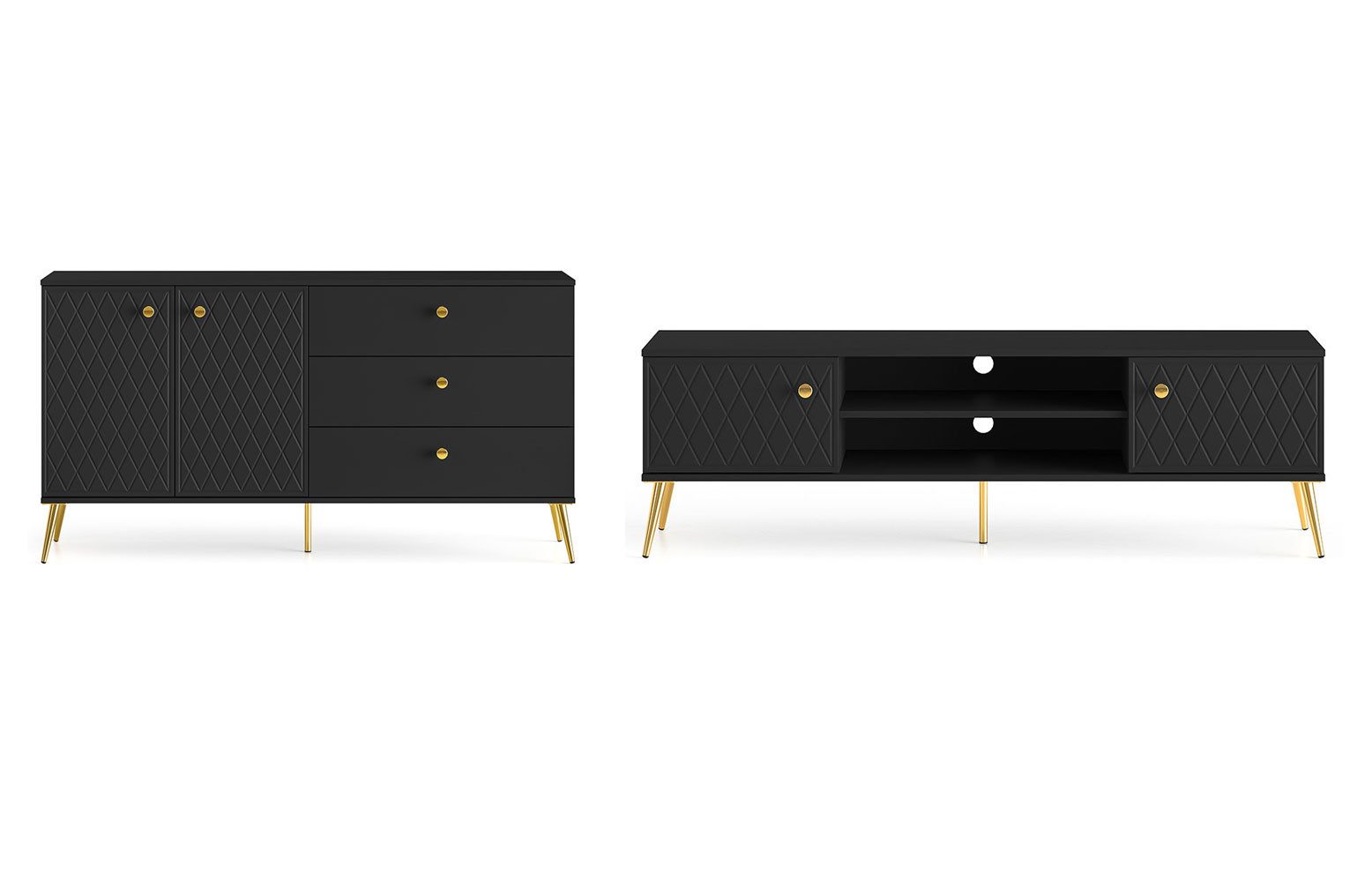Feldmann-Wohnen Wohnwand Eljot, (1 Lowboard, 1 Sideboard, 2-St., Griffe und Füße aus Metall in Goldfarben, mit 3D-Karo-Optik), 2-teilig Schwarz / Goldfarben