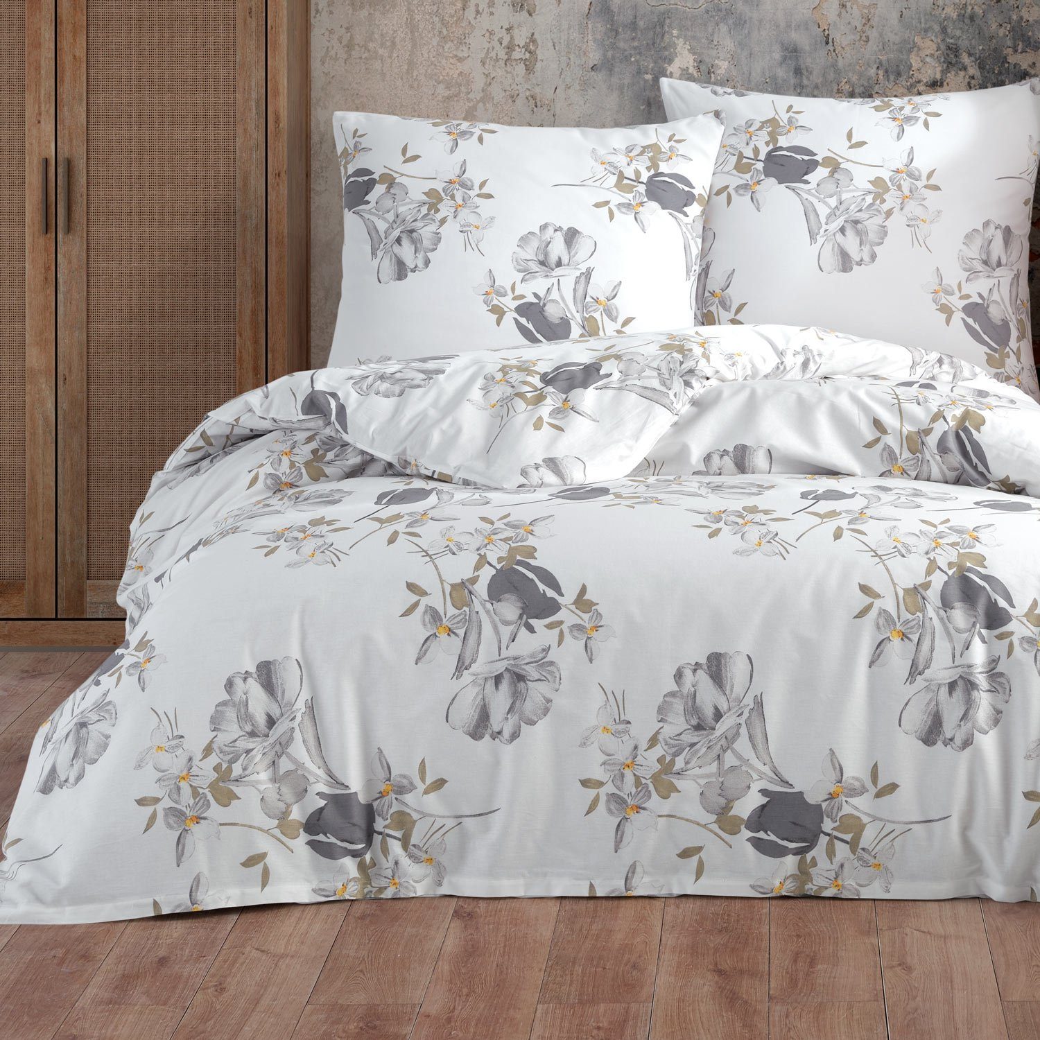 Bettwäsche, Buymax, Renforcé, 3 teilig, Bettbezug-Set 200x200 cm 100% Baumwolle mit Reißverschluss Blumen Weiß