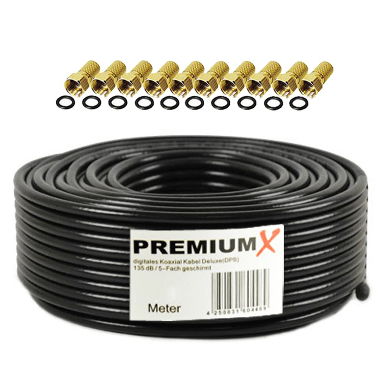 PremiumX 50m DELUXE PRO Koaxial Kabel SCHWARZ 135dB 5-Fach Kupfer 10x F-Stecker SAT-Kabel