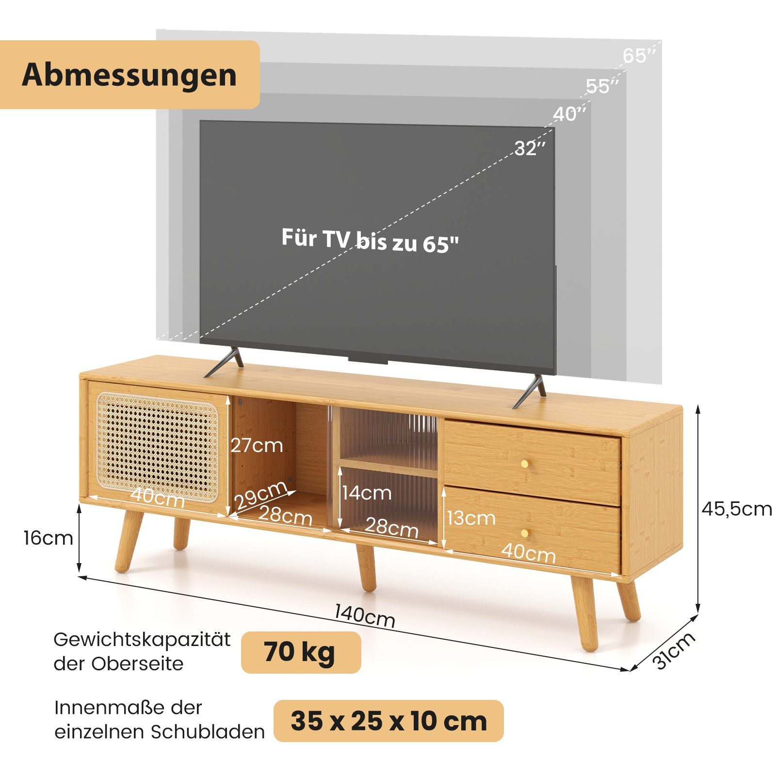 Bambus, 2 (Glas&Bambus), 140cm Schiebetüren COSTWAY TV-Schrank 2 Schublade,