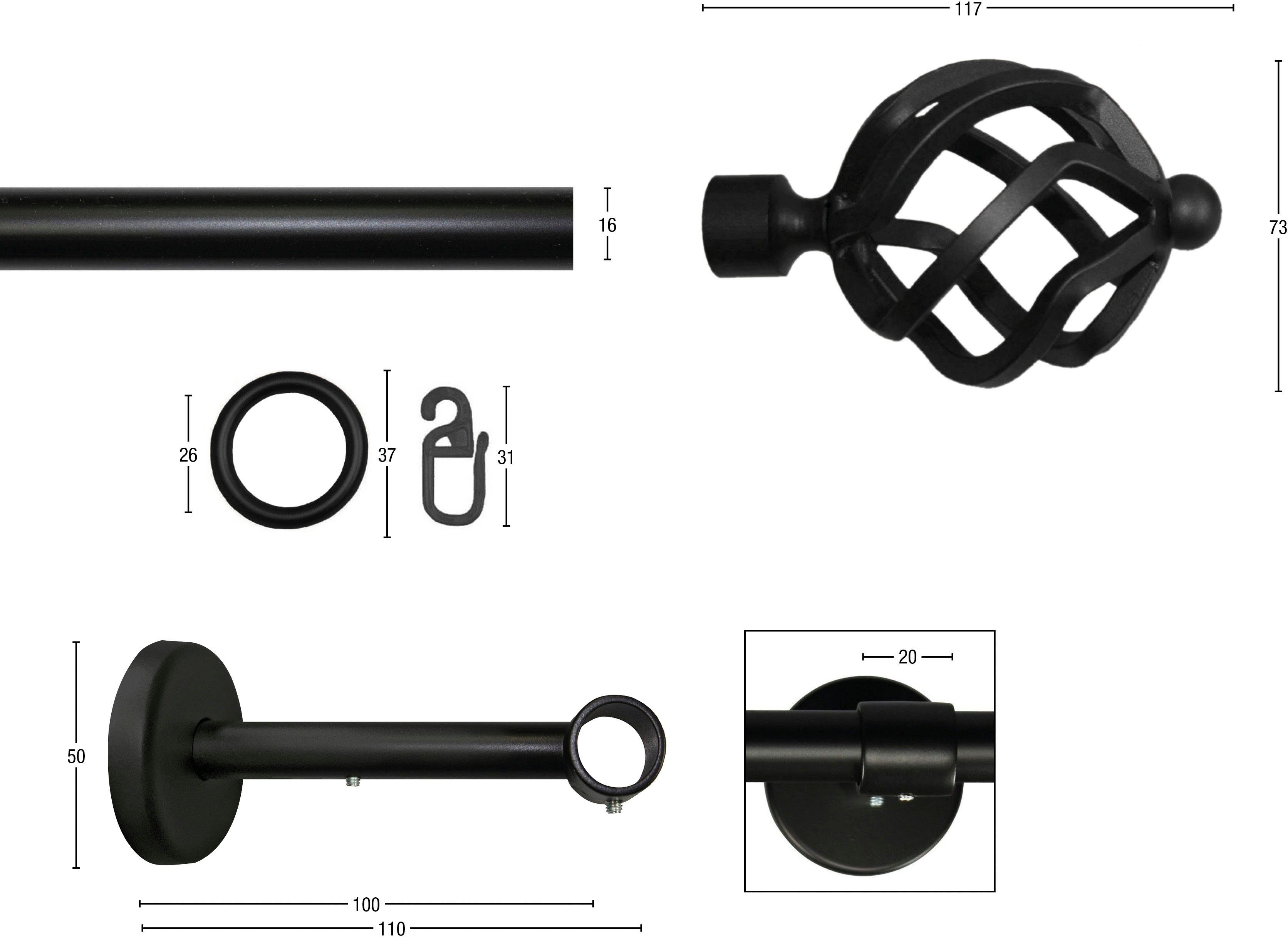 GARESA Gardinenstange RUSTIKA, Ø 16 mm, 1-läufig, Wunschmaßlänge, verschraubt, Metall, rustikale Vorhanggarnitur, verlängerbar, m. Ringe, Endknopf Korb