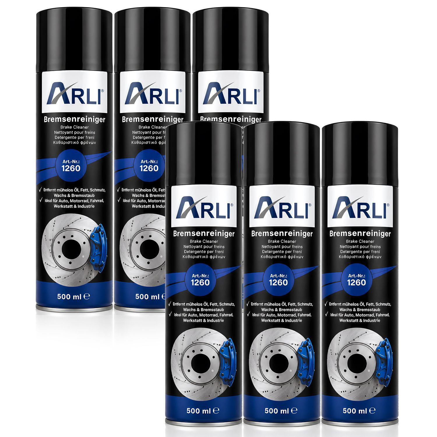 ARLI Bremsreiniger Spray Bremsen Bremsenreiniger (Spar-Set, [6-St. 6er Set 500ml Kupplungsreiniger 360° Aerosol Reiniger)
