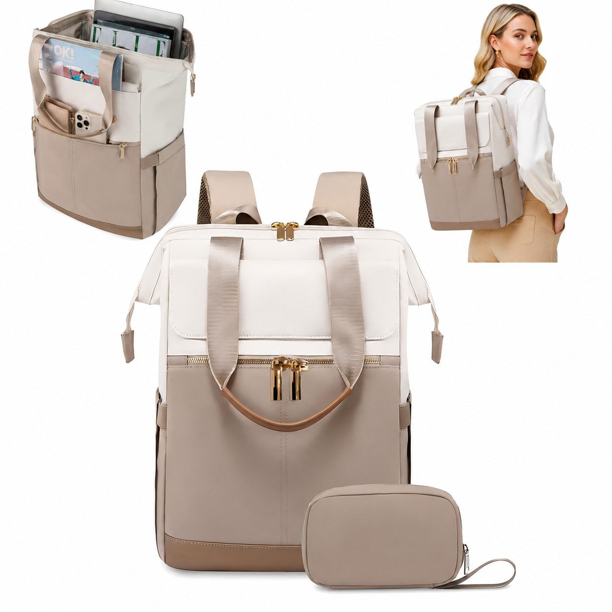 Fyrove Freizeitrucksack Damen Rucksack mit Handtasche, Laptopfach, wasserabweisend, Beige (Zweiteiler, Modischer Business Rucksack mit 16 Fächern), viel Stauraum und praktischem Zubehör