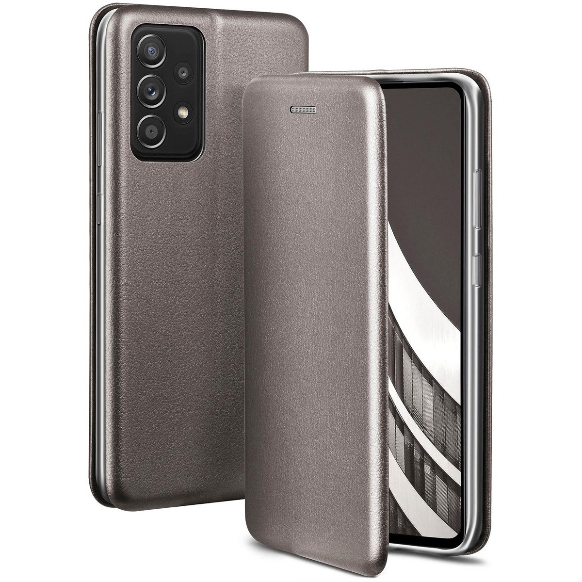ONEFLOW Handyhülle für Samsung Galaxy A52 Premium Hülle Business Cover Grau 6,5 Zoll, 360 Grad Schutzhülle Flip Case Etui Klapphülle Dünn Leder Handy Tasche