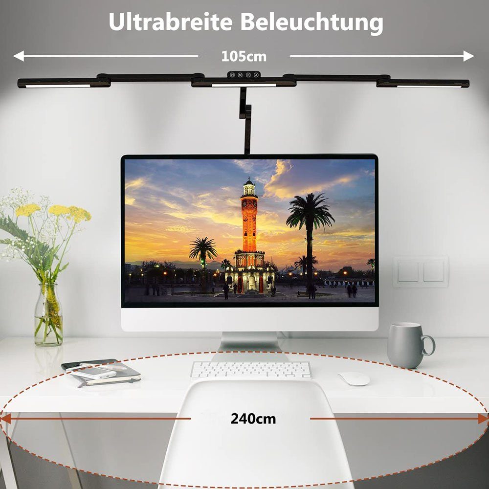 Sunicol LED Schreibtischlampe 105cm Schreibtischlampe,24W,mit Klemme,Transformierbar & drehbar, Touch-Steuerung, 3000-6500K, 5 Farbtemperatur & 5 Helligkeit
