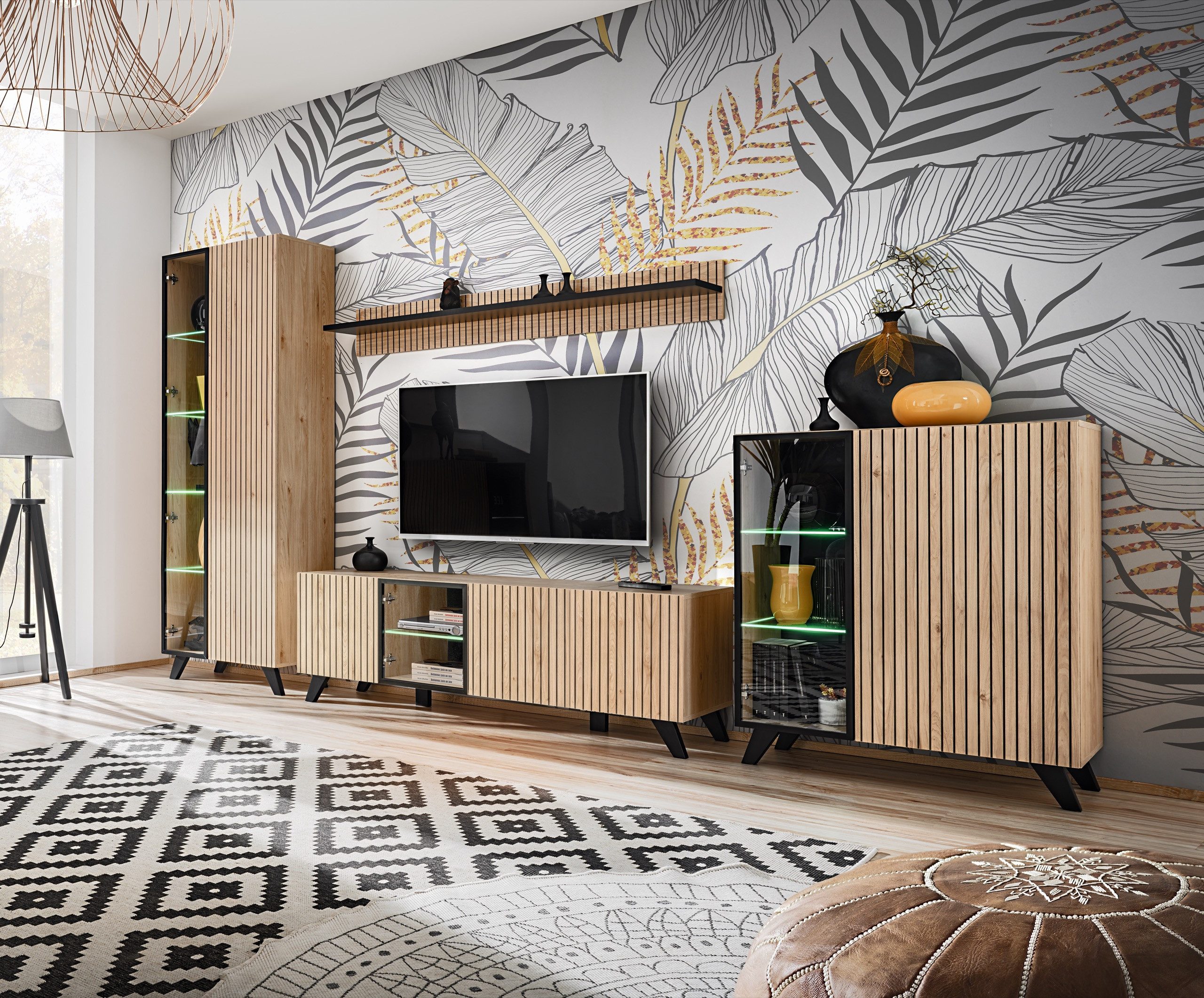 ASM-Moebel Wohnwand Wohnwand LIAM mit Lamellen LED Beleuchtung und Push - C günstig online kaufen