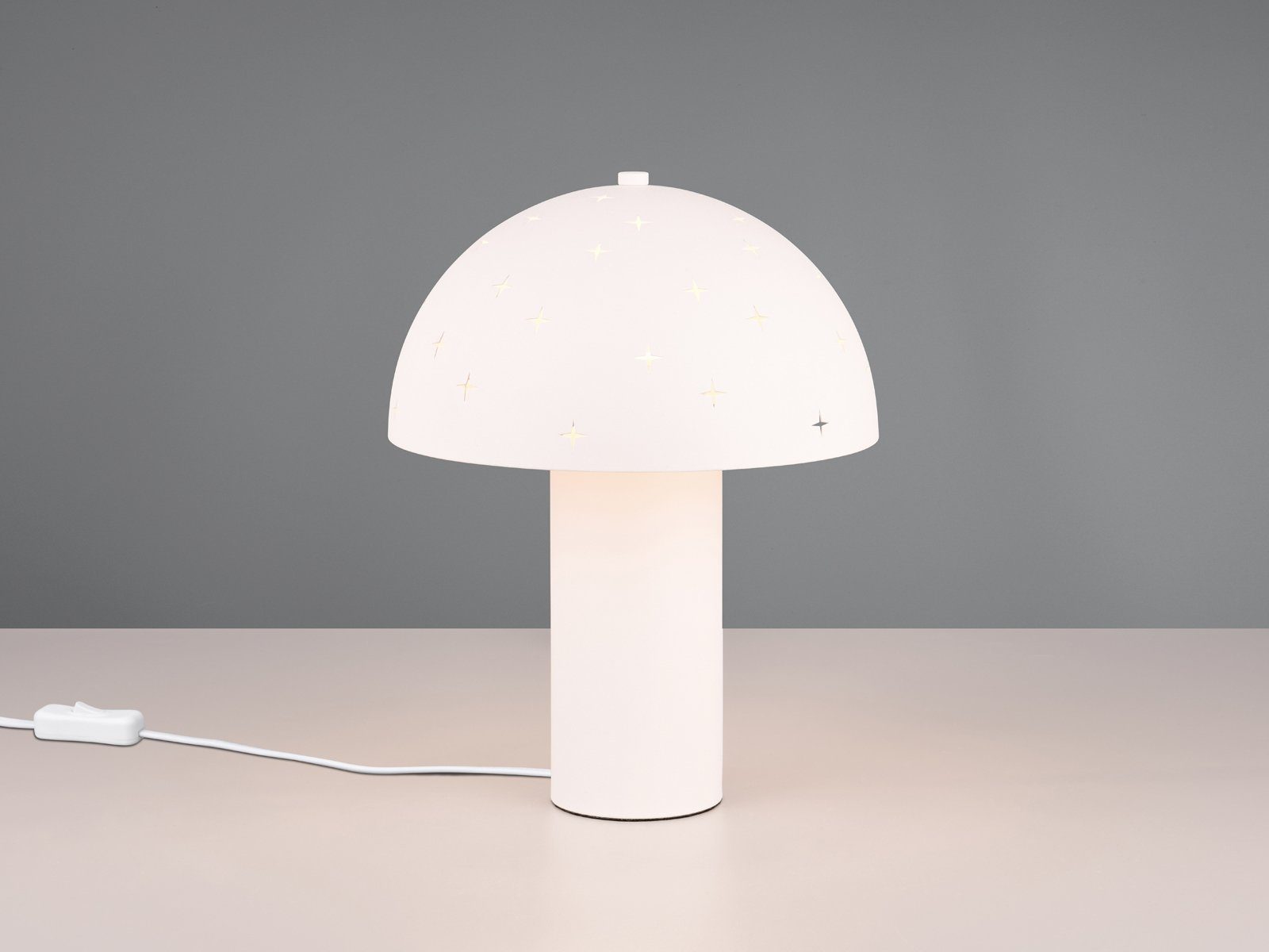 Reality Leuchten LED Nachttischlampe, Dimmfunktion, LED wechselbar, Warmweiß, ausgefallen-e Pilzlampe aus Metall Weiß Lampenschirm mit Dekor H: 33cm