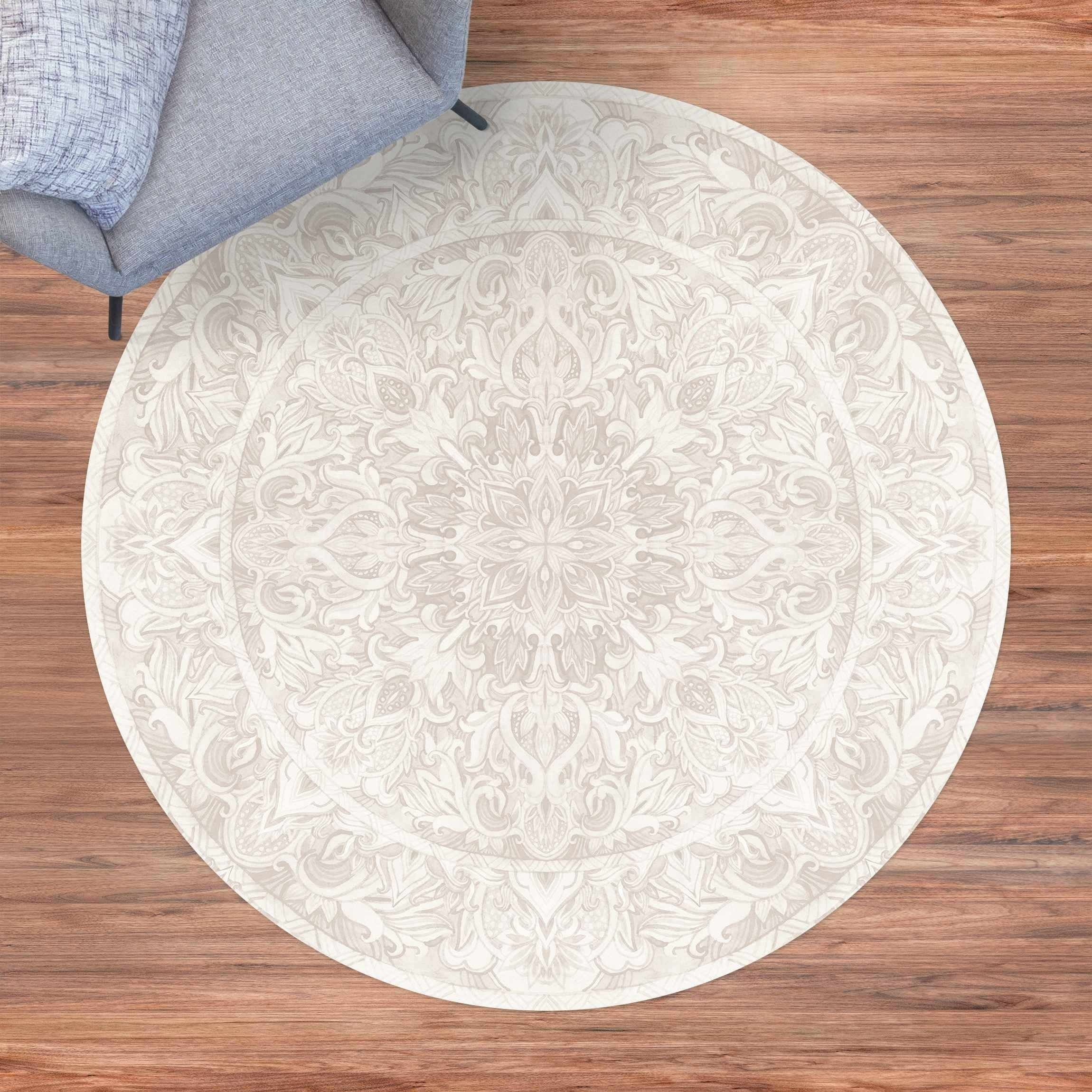Bilderdepot24 Teppich Vinyl Wohnzimmer Schlafzimmer Flur Küche Mandala modern, rund - beige glatt, nass wischbar (Küche, Tierhaare) - Saugroboter & Bodenheizung – Bild 3 von 5