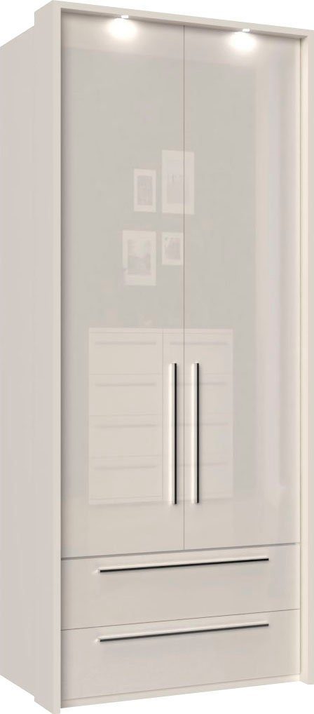 OTTO home Drehtürenschrank Piano, inklusive Rahmen und Beleuchtung, soft-close-Funktion (viele Breiten zur Auswahl, 226cm hoch, mit jeweils 2 Schubladen) beige oder weiß, UV lackiert, Hochglanzfronten, FSC-zertifiziert