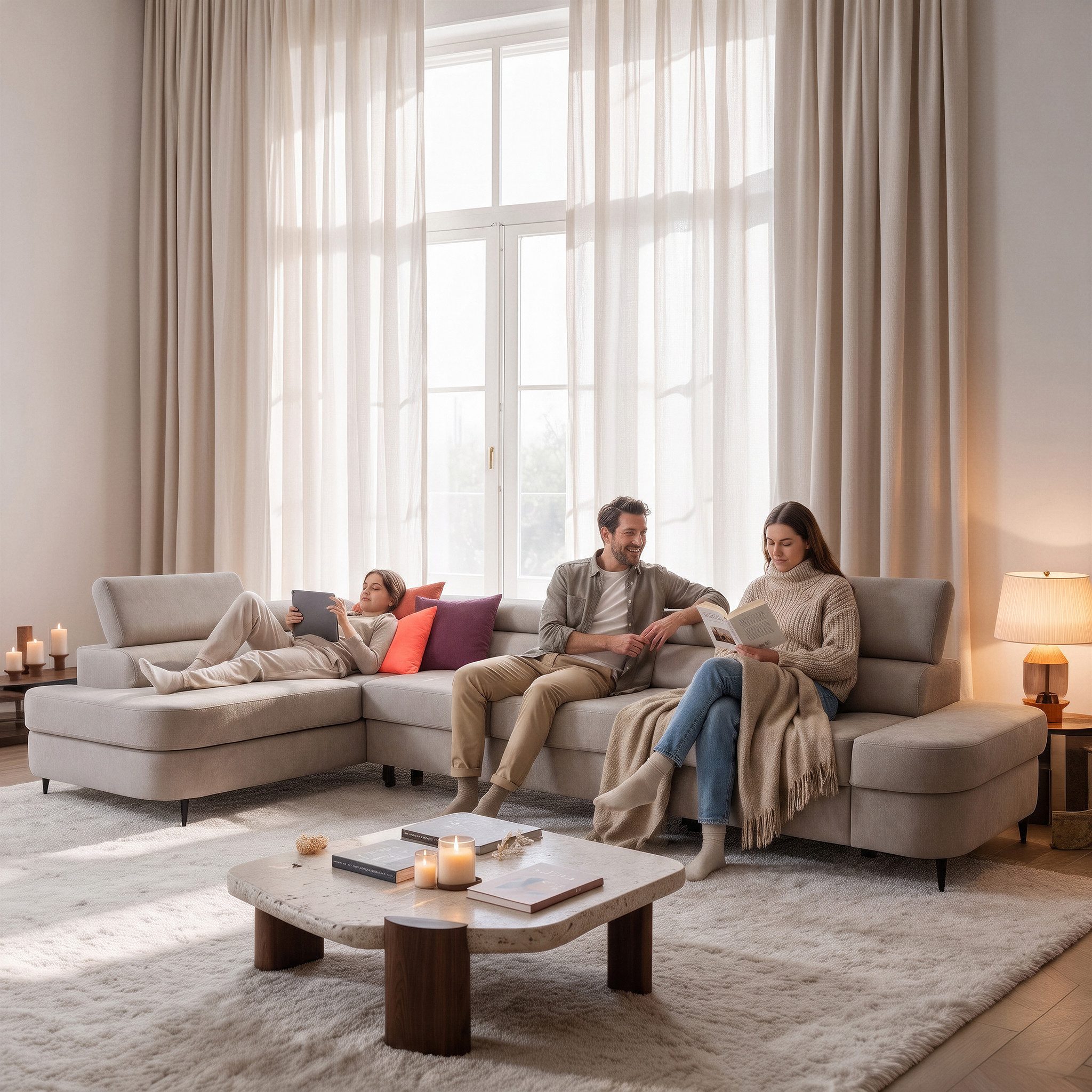 Muffo Ecksofa Priam Maxi, Inklusive Montage, Schlaffuntkion und Bettkasten, Verstellbare Kopfstützen, angenehmer und fühlbarer Stoff