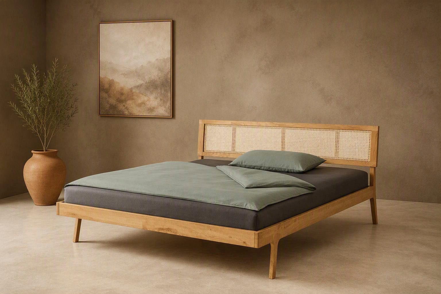 OTTO home Massivholzbett Hällevik, Kopfteil höhenverstellbar, Eiche massiv, mit Wiener Geflecht (mehrere Breiten), skandinavischer Stil, Made in EU, FSC®-zertifiziert, sehr stabil