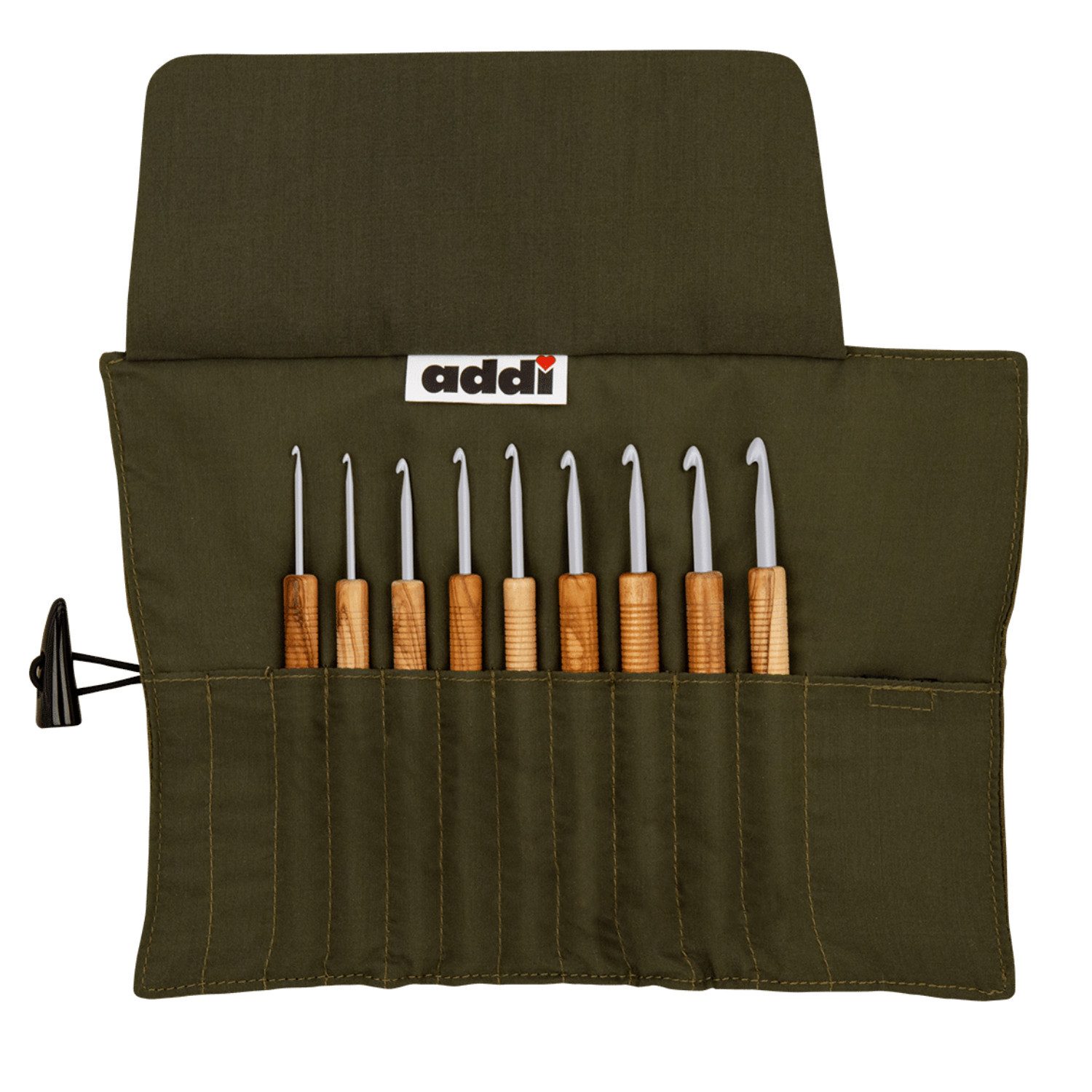 addi Häkelnadeln addiWrap Olivenholz Häkelnadel Set im praktischen Stoff-Etui, Häkelnadel-Set in den Größen 2,0 bis 6,0 mm