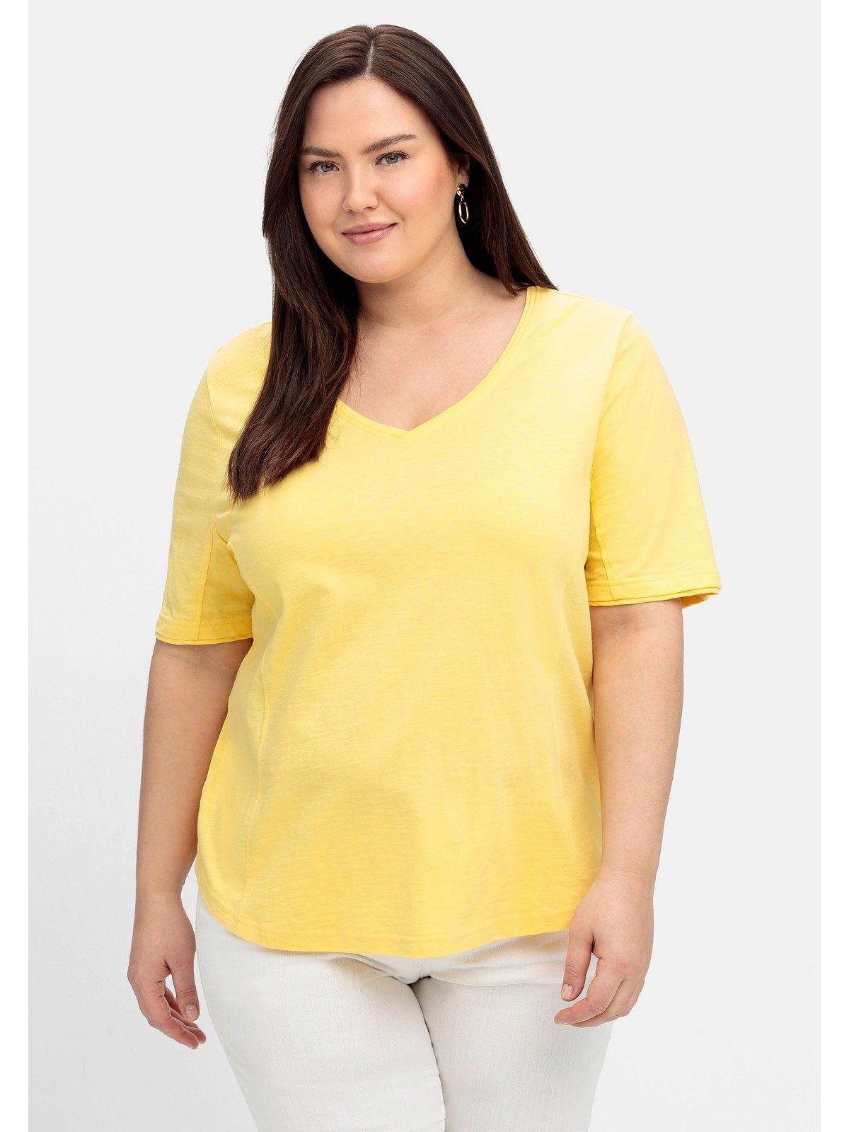 mit Flammgarn, T-Shirt Große Saum gerundetem gelb Größen aus Sheego