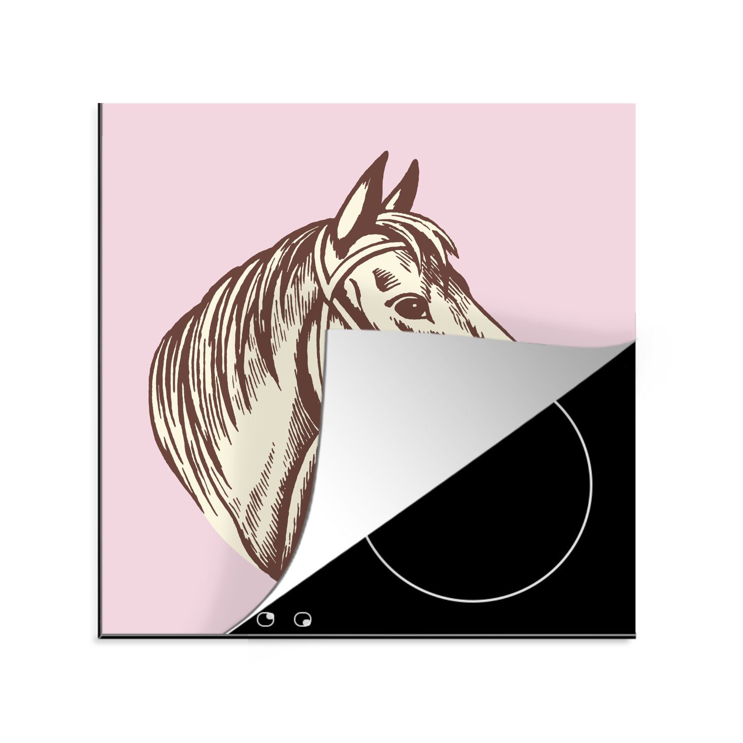 MuchoWow Herdblende-/Abdeckplatte Illustration eines Pferdekopfes für Kinder, Vinyl, (1 tlg), 78x78 cm, Ceranfeldabdeckung, Arbeitsplatte für küche