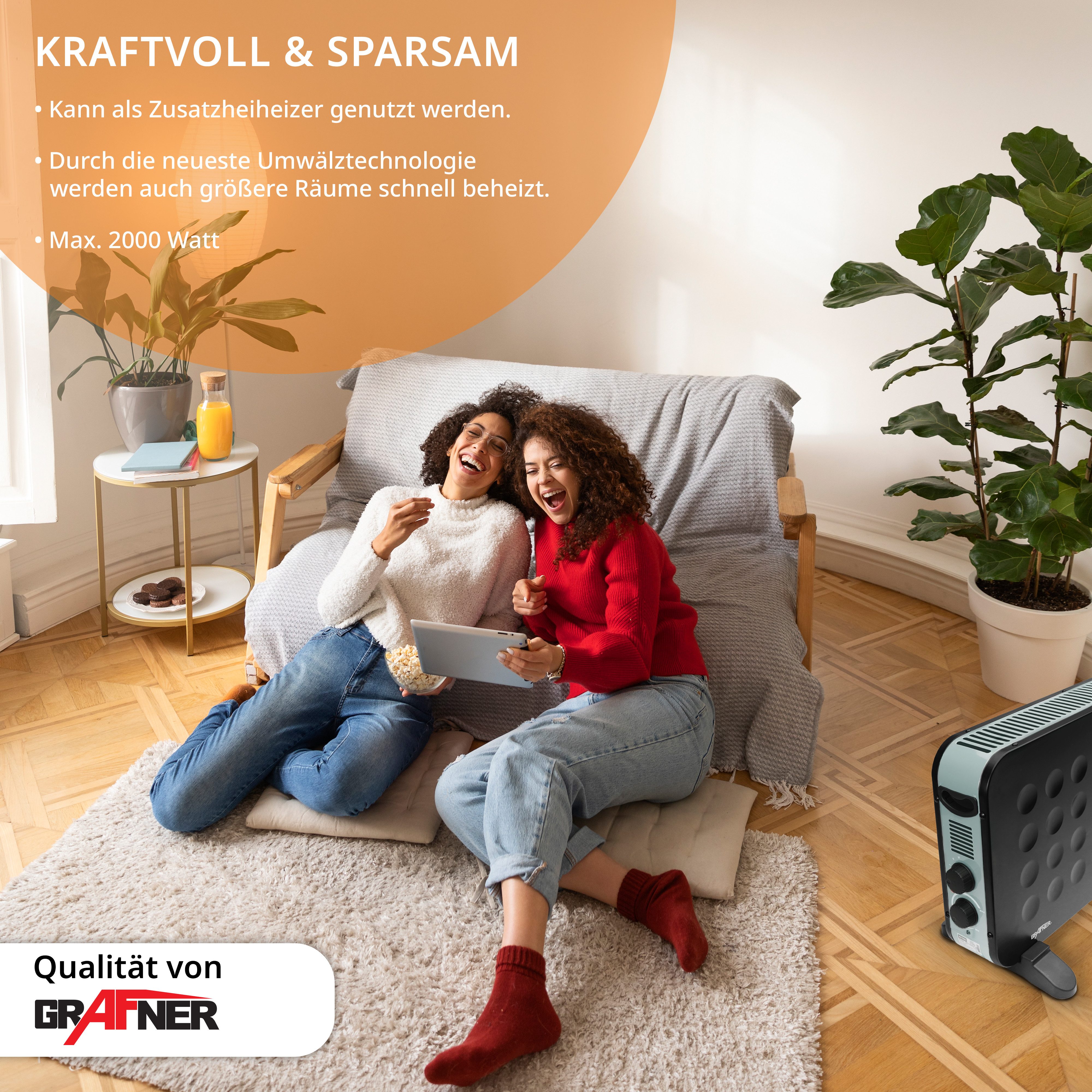 Grafner Konvektor Heizgerät Konvektor elektro Heizung 2000 Watt matt schwarz, 2000 W, Thermostat, 3 Heizstufen, Energiesparende Umwälztechnik