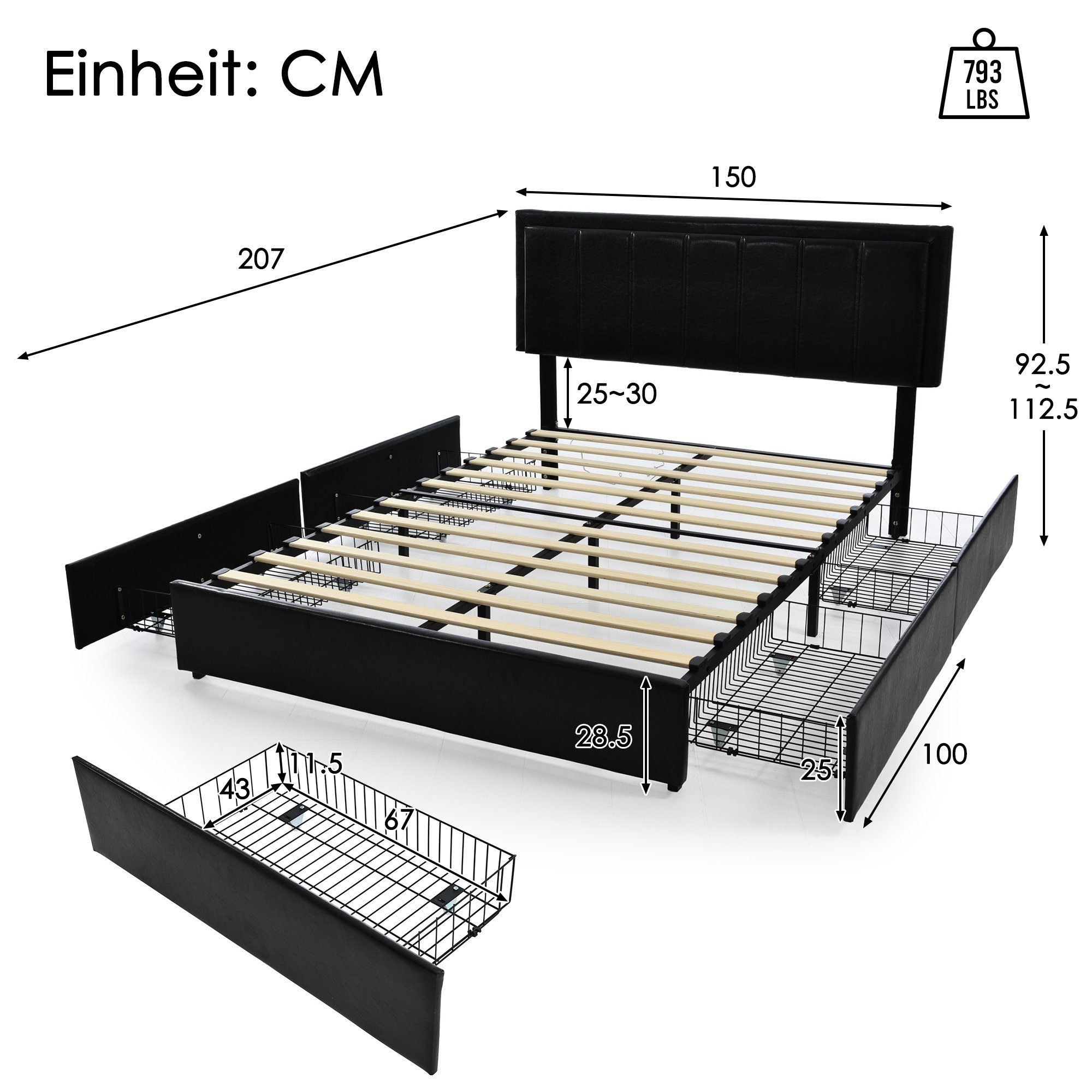 Polsterbett (Funktionsbett, 140 x 200 cm, mit 4 Schubladen, verstellbarem Kopfteil und Lattenrost), Doppelbett mit LED-Beleuchtung, Lattenrost aus Holz, Kunstleder