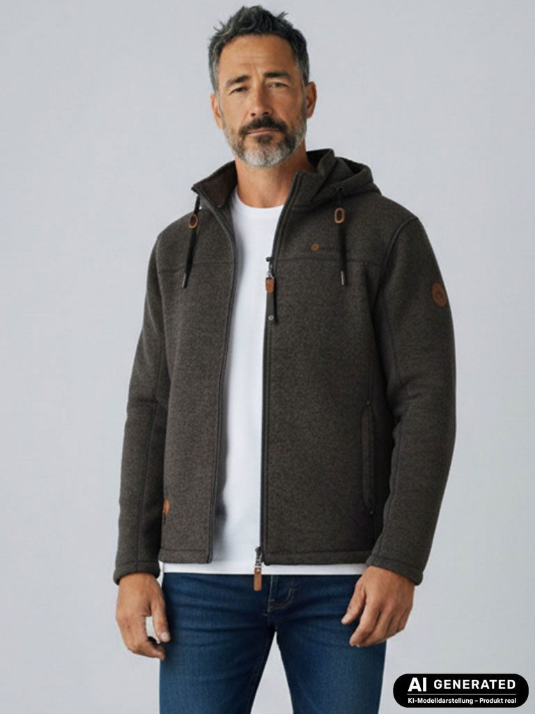 Dry Fashion Fleecejacke Helgoland Herren Wollfleece-Jacke Kapuze - Jacke Fleece Übergansjacke Windabweisend, Verstellbare Kapuze, Reißverschlusstaschen, Innentasche