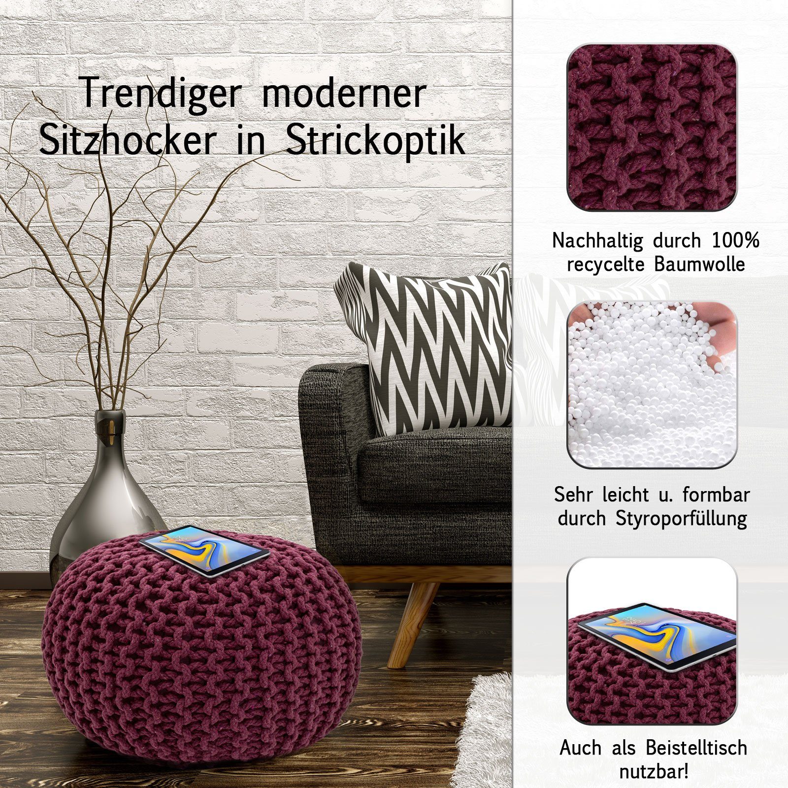 55 Strickhocker cm Bodenkissen Sitzpouf o. 45 Pouf nachhaltig bordeaux Pouf Ø Casamia