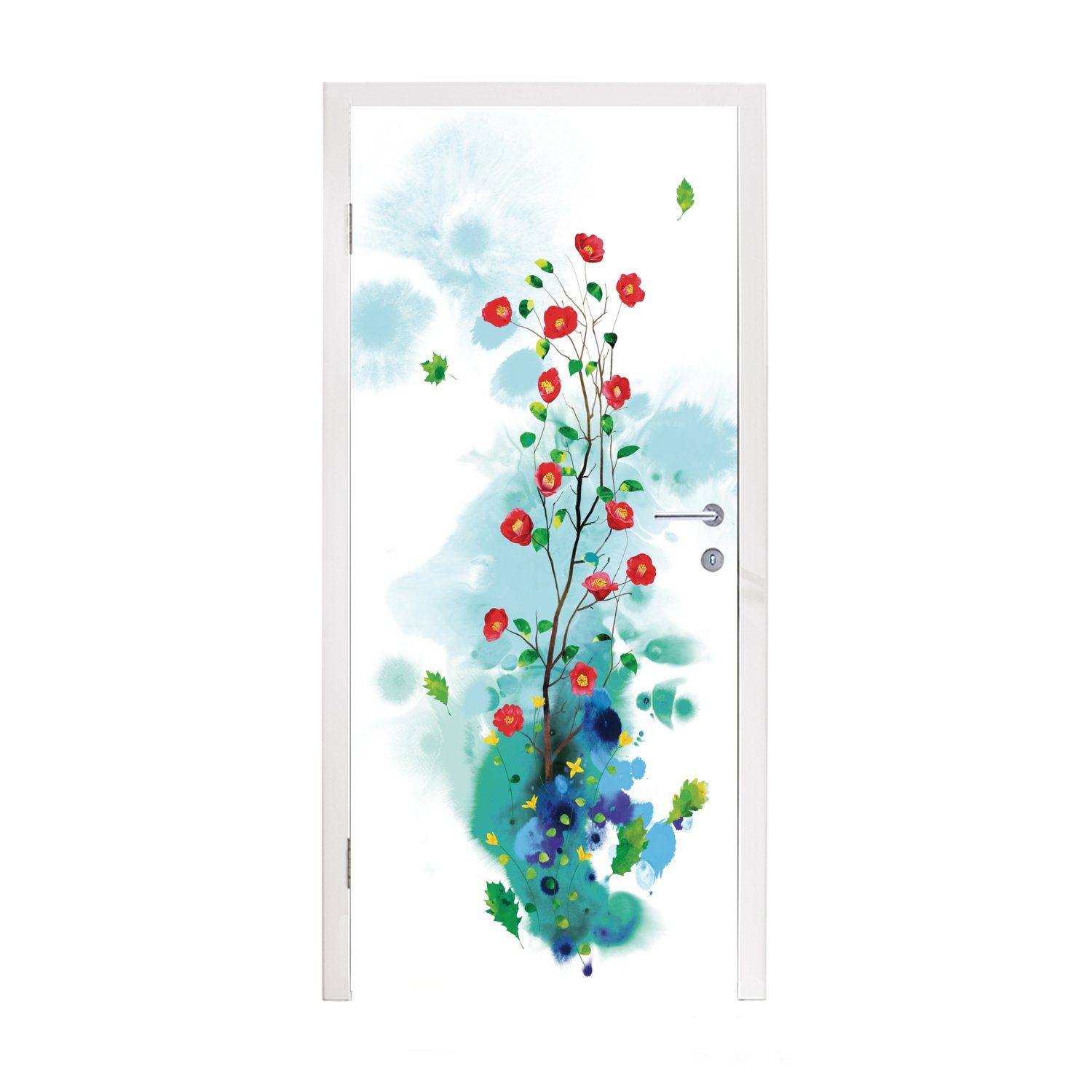 weißem cm Türaufkleber, bedruckt, Illustration St), Matt, 75x205 für MuchoWow auf Türtapete Tür, Fototapete (1 Hintergrund, Blumen Kunst von