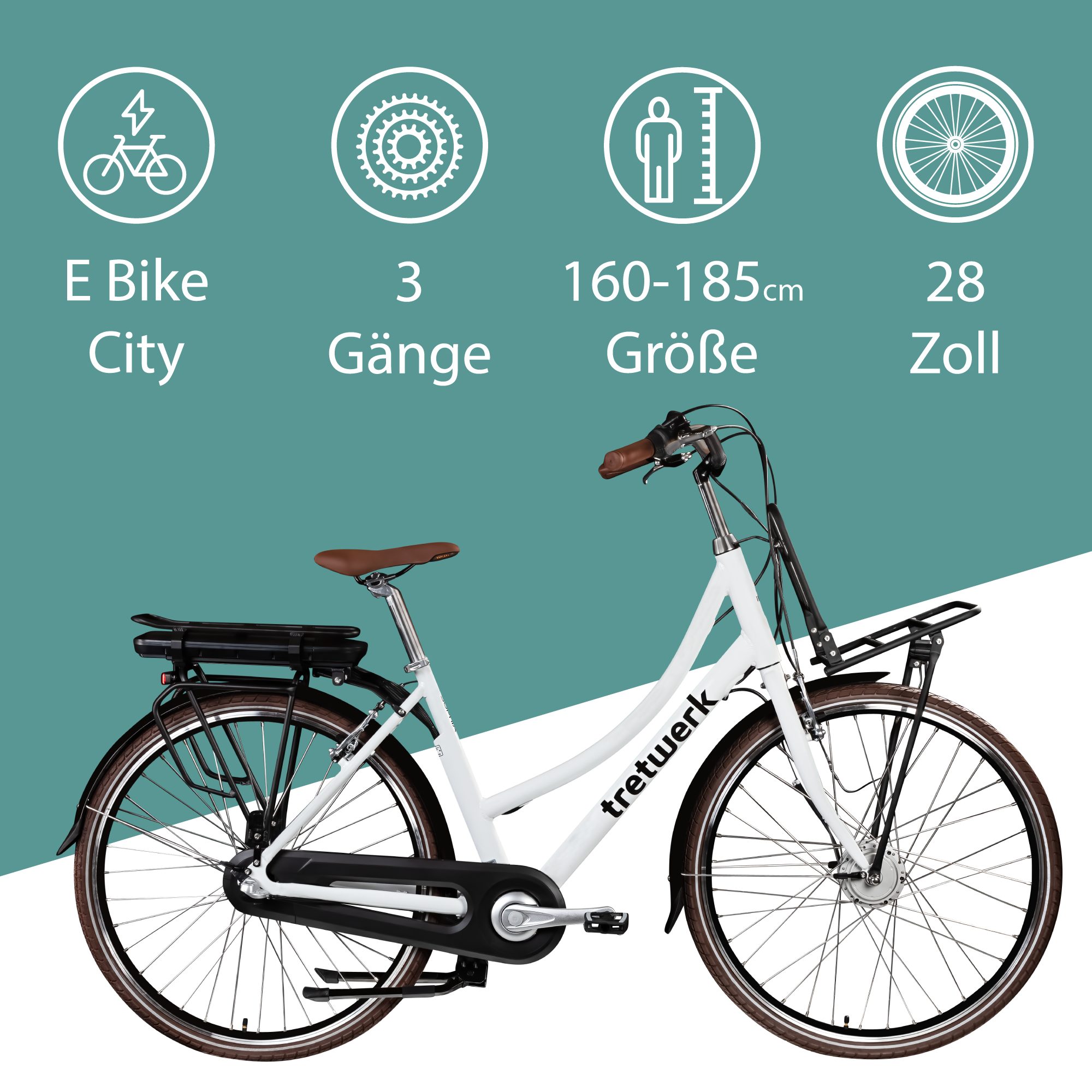 Tretwerk E-Bike Cityrad Sophia, 3 Gang, Nabenschaltung, Frontmotor, 536 Wh, Tretwerk Sophia E Bike Damen 28 Zoll Elektrofahrrad 160 - 185 cm Rad
