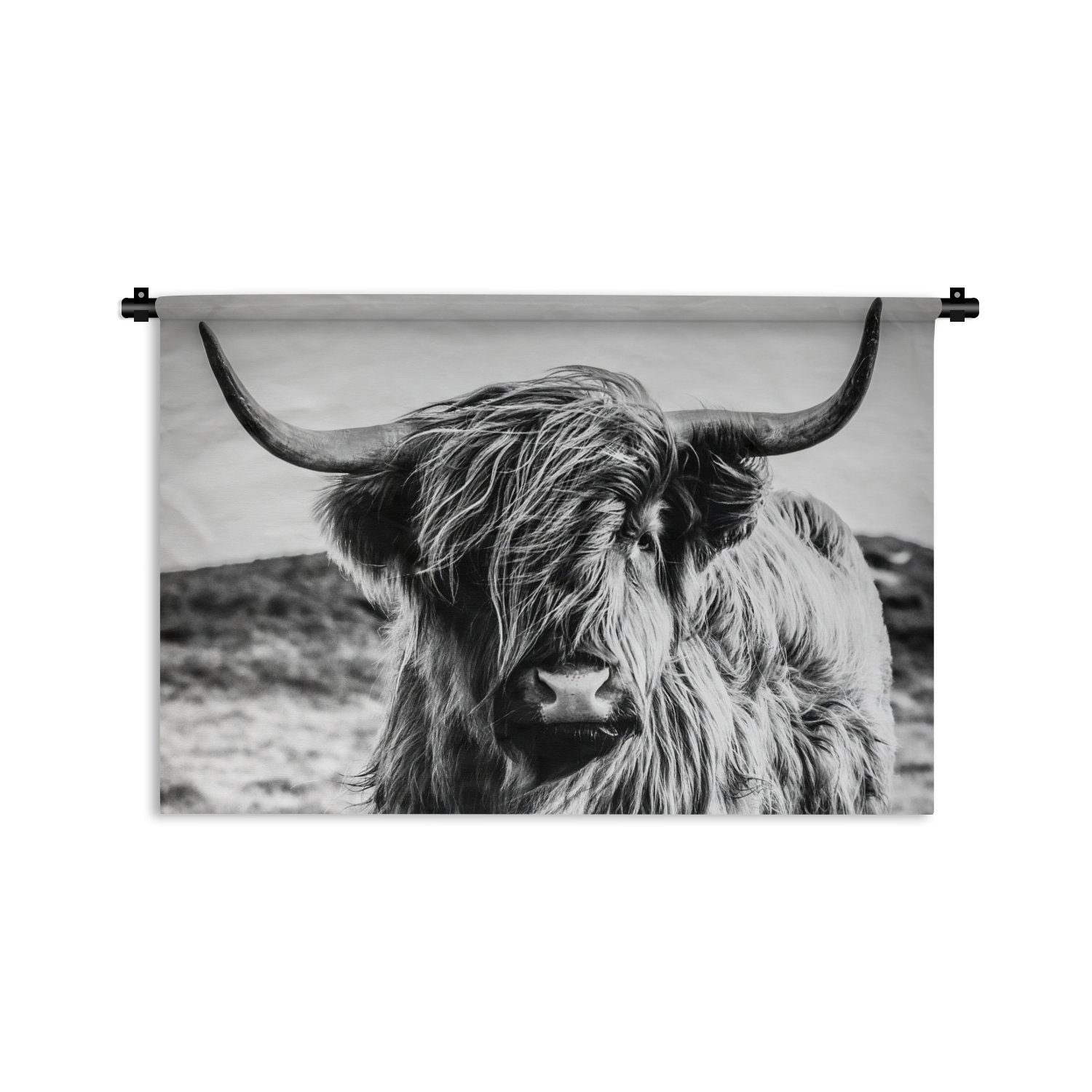 MuchoWow Wanddekoobjekt Schottischer Highlander - Natur - Kuh - Schwarz - Weiß, Wanddeko für Wohnzimmer, Schlafzimmer, Kleid, Wandbehang, Kinderzimmer