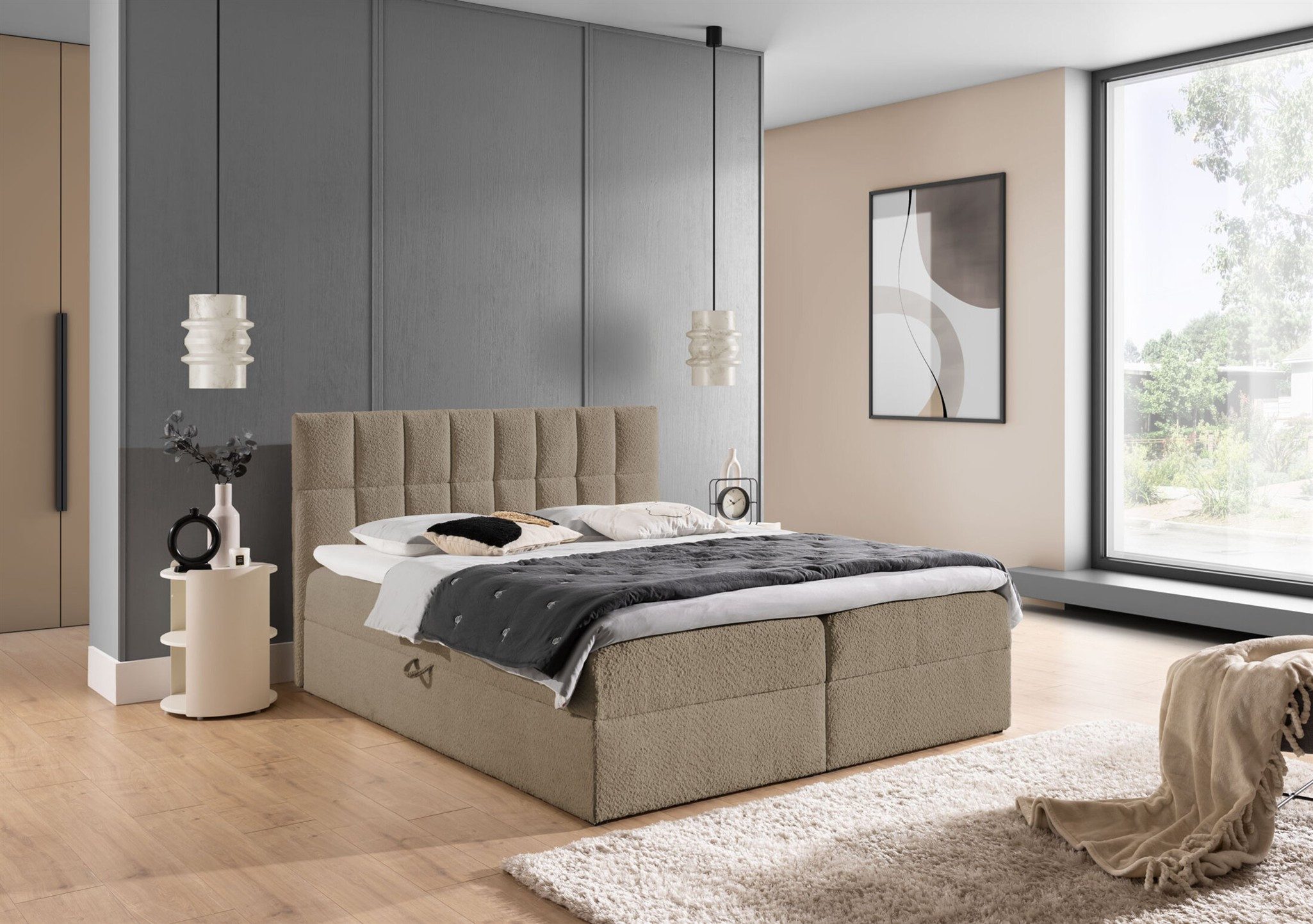 Fun Möbel Boxbett Schlafzimmerbett DOMINGA Standard Überlänge (220cm) (mit Bonellfederkernmatratze, inkl. Kaltschaumtopper), 2 x Bettkasten