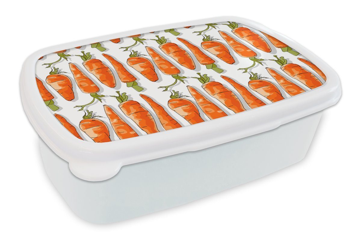 MuchoWow Lunchbox Karotte - Gemüse - Muster, Kunststoff, (2-tlg), Brotbox für Kinder und Erwachsene, Brotdose, für Jungs und Mädchen weiß