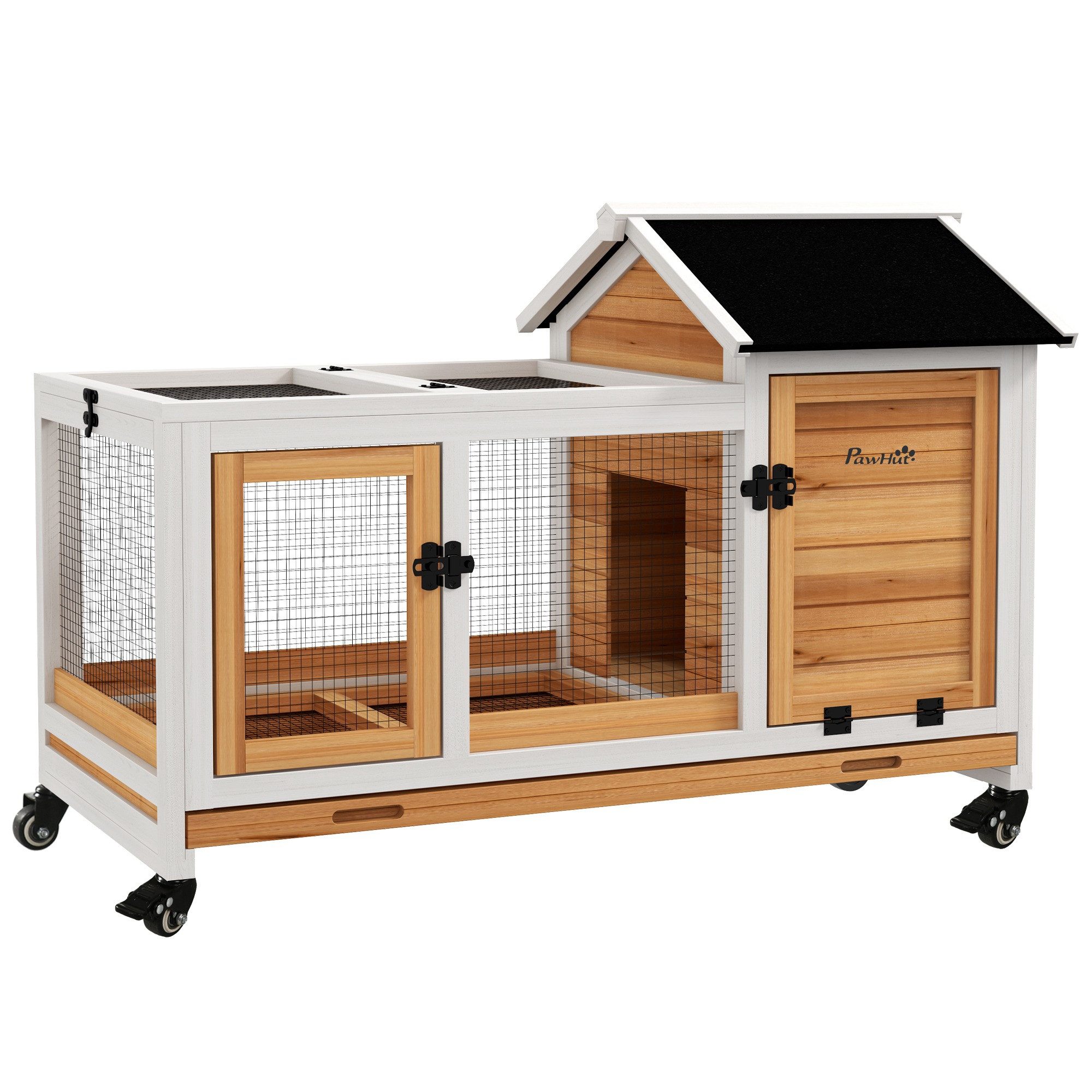 PawHut Kleintierstall Zwergkaninchenstall mit Freilaufgehege, Räder, Zwergkaninchenkäfig, mit Ausziehbarem Tablett für Indoor, Outdoor, Gelb