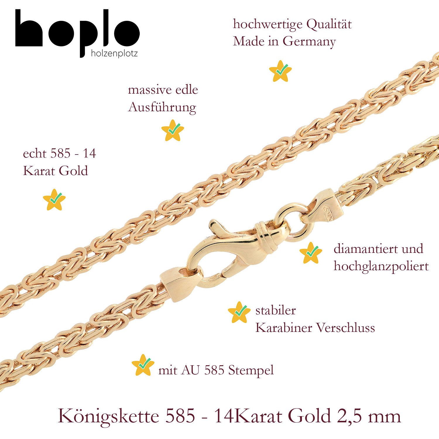 HOPLO Königskette Goldkette Königskette Länge 19cm - Breite 2,5mm - 585-14 Karat Gold, Made in Germany
