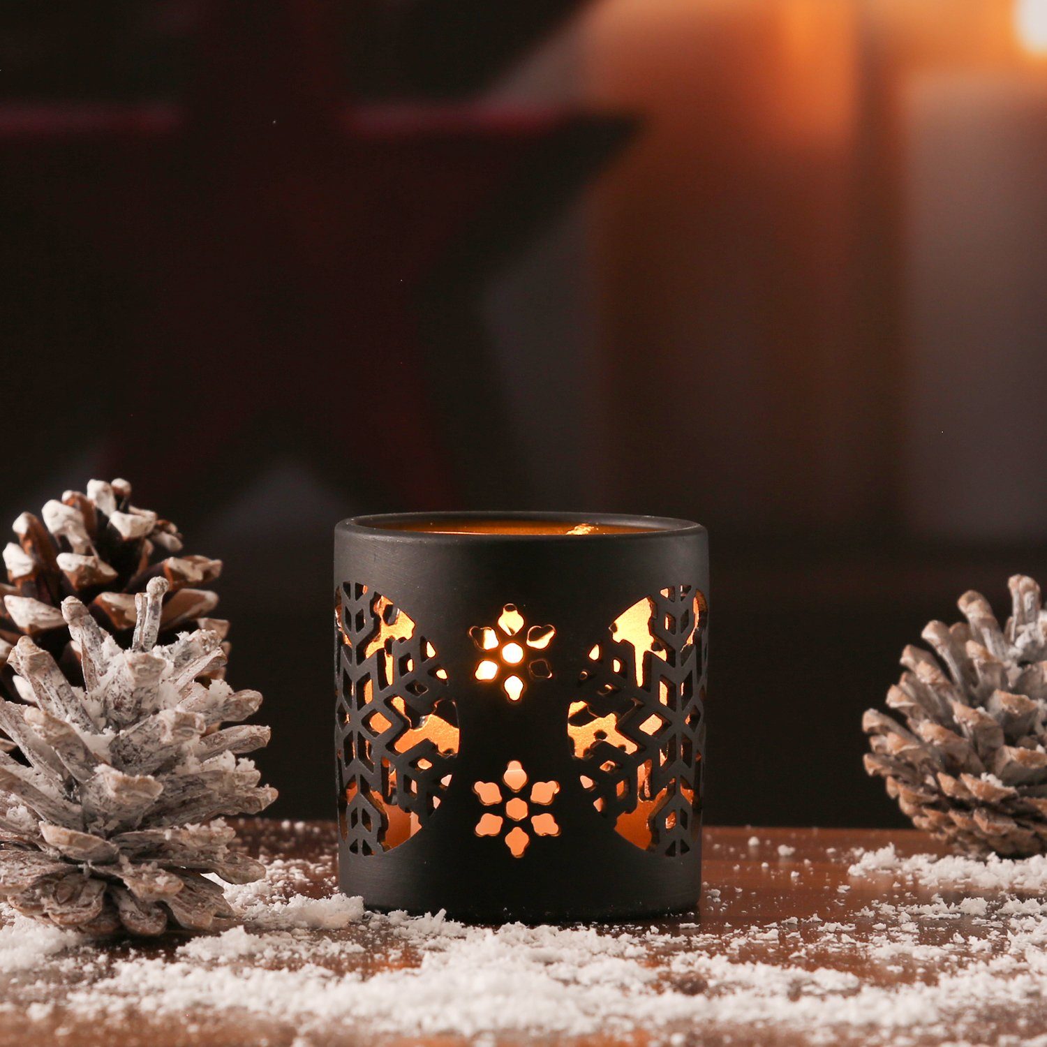 MARELIDA Windlicht Teelichthalter Schneeflocken Windlicht 7cm Weihnachten  schwarz gold