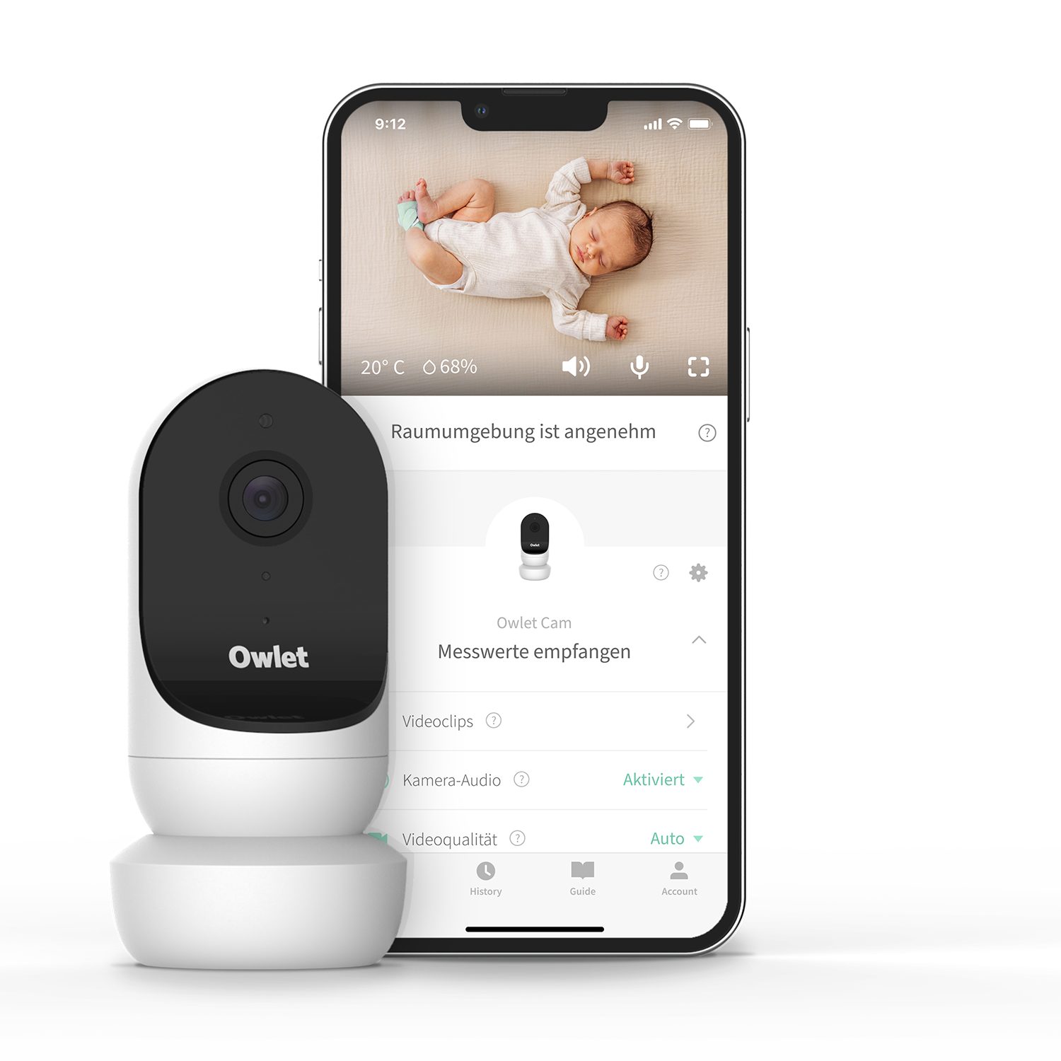 Luftfeuchtigkeitsmesser Weiß Kamera 2: Care inkl. Babyphone, und HD Baby Raumtemperatur- DE Owlet