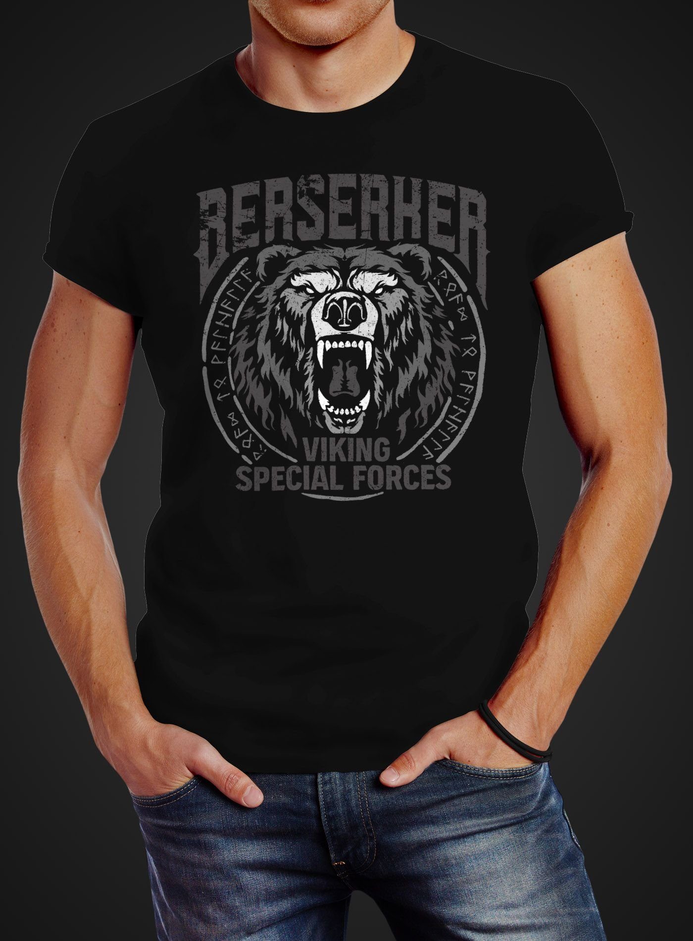 Neverless Print-Shirt Herren T-Shirt Berserker Bär günstig online kaufen