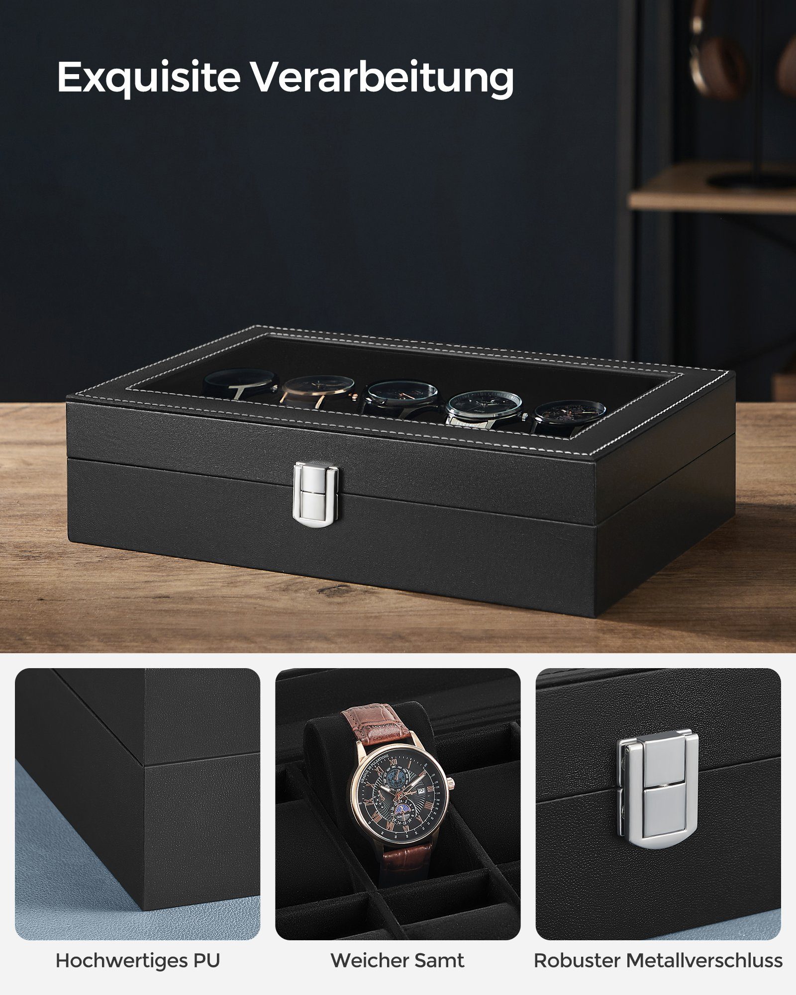 SONGMICS Uhrenbox 12 Fächern, Uhrenkasten, Premium-Uhrenschatulle, 20,2 x 30,2 x 7,8 cm, herausnehmbaren Uhrenkissen, PU-Bezug in Schwarz,Samtfutter in Schwarz