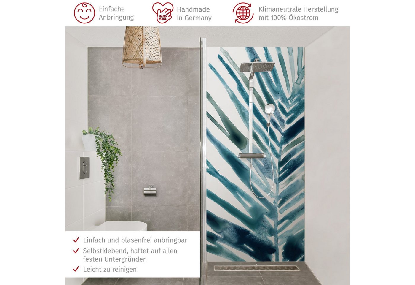 Thumbnail - Bilderdepot24 Badrückwand Aquarell türkis Duschrückwand ohne Bohren Dusche Tropisch, (1-tlg., Hart-Folie Premium matt 0,...