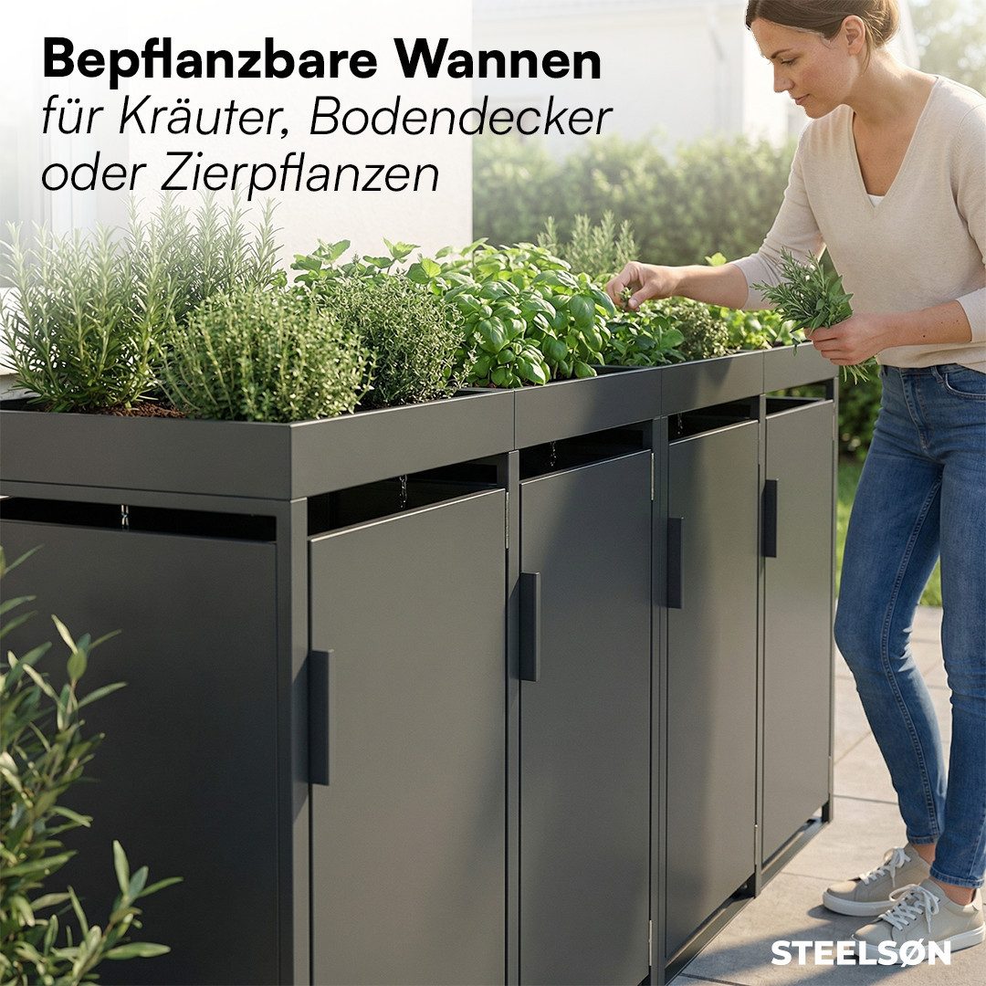 STEELSØN Mülltonnenbox Thoria mit Pflanzendach, Mülltonnenverkleidung aus Stahl (Anthrazit, 120 L, verfügbar mit 1, 2, 3, 4, oder 5 Türen), für 4 Tonnen – Bild 5 von 5