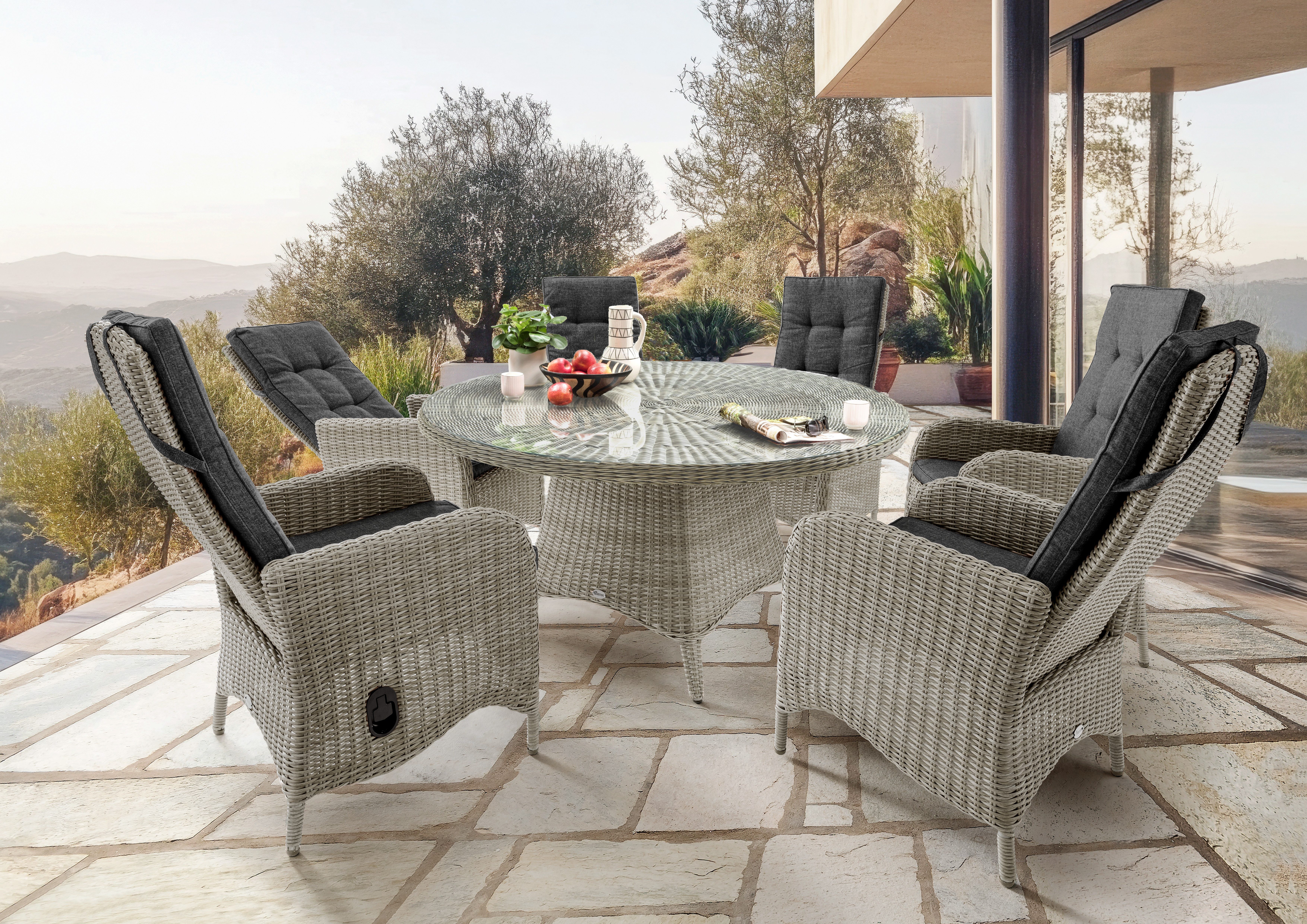 Destiny Garten-Essgruppe PALMA LUNA, 6 Hochlehner, 1 Tisch Ø 150x75 cm, inkl. Polster