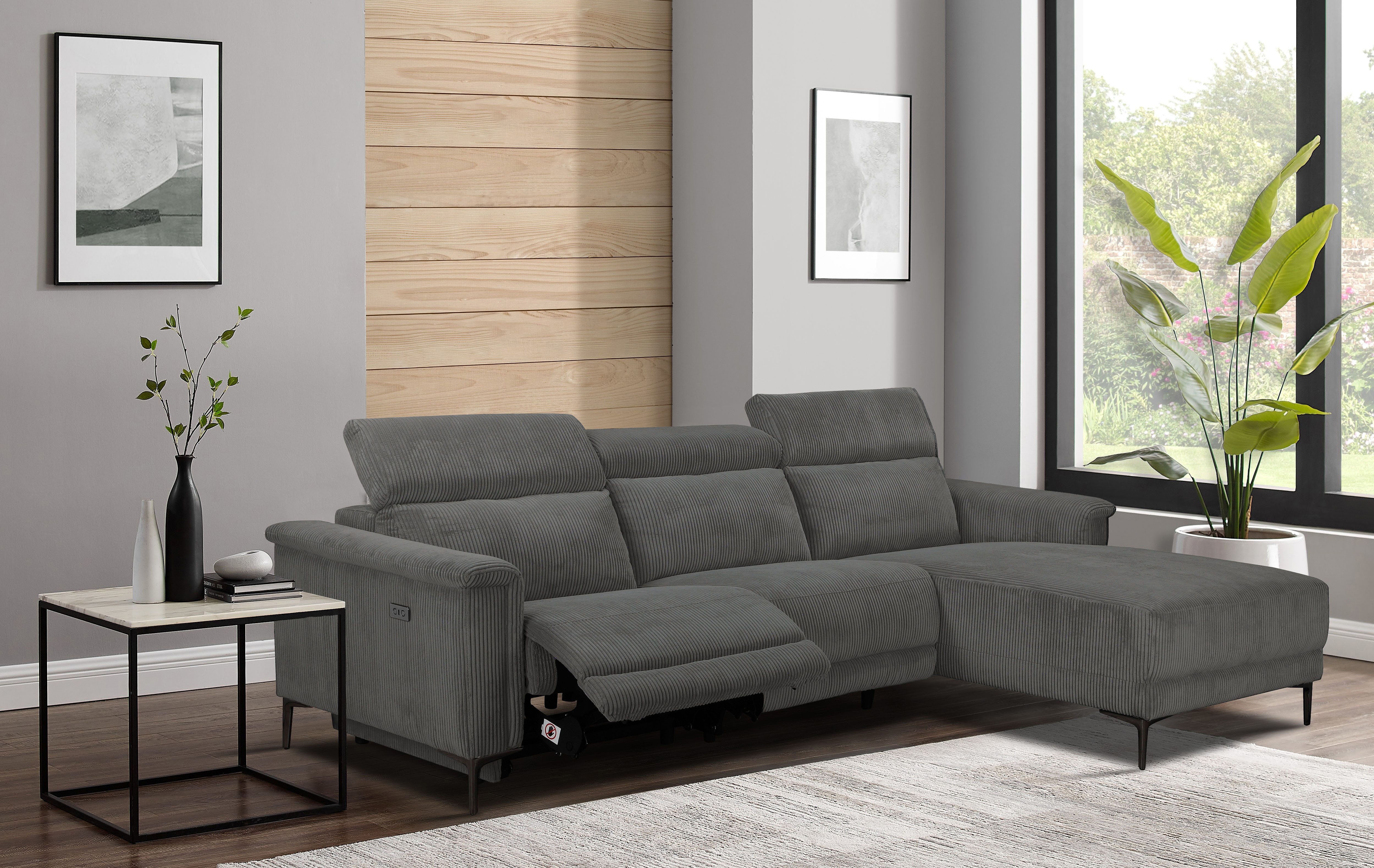 OTTO home Ecksofa LUND Cord, L-Form, 261 cm, man. o. elektr. Relaxfunktion (mit USB-A), mit USB A-Anschluss bei elektrischer Variante und Kopfteilverstellung