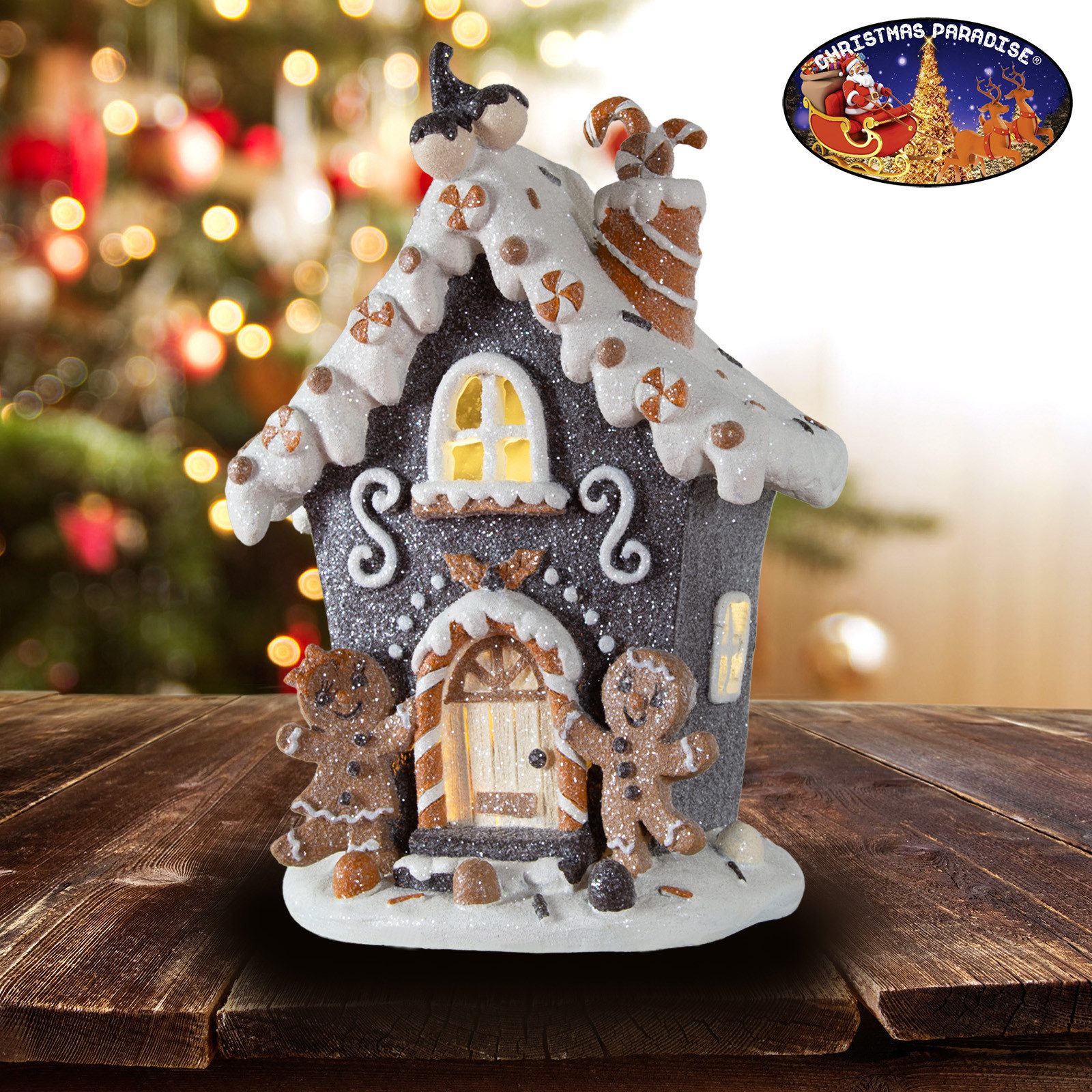 Christmas Paradise Weihnachtshaus LED Lebkuchenhaus 20cm, in schwarz-braun-weiß