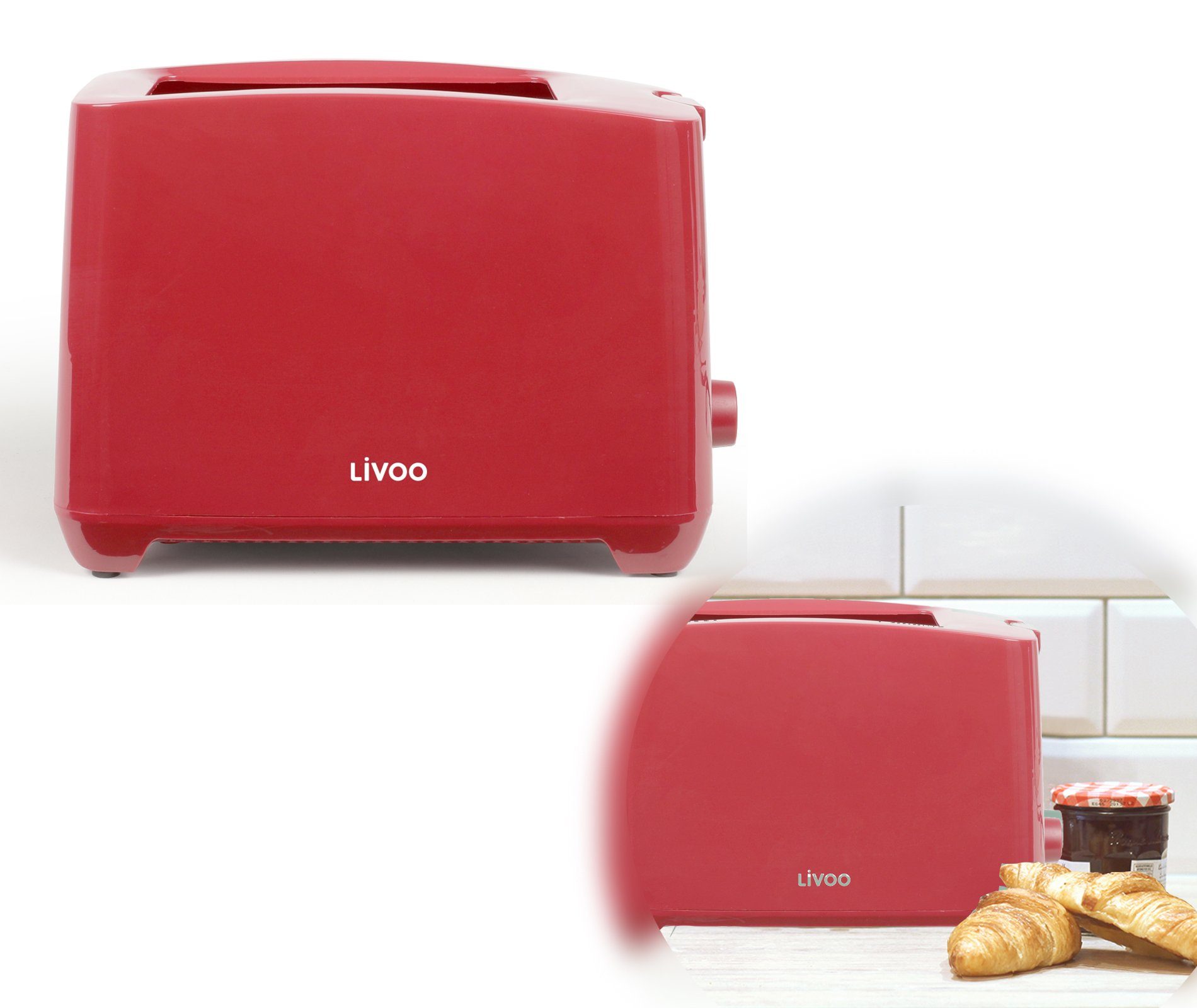 LIVOO Toaster LIVOO Toaster Rot 2 Schlitze Toastautomat 750 Watt LED