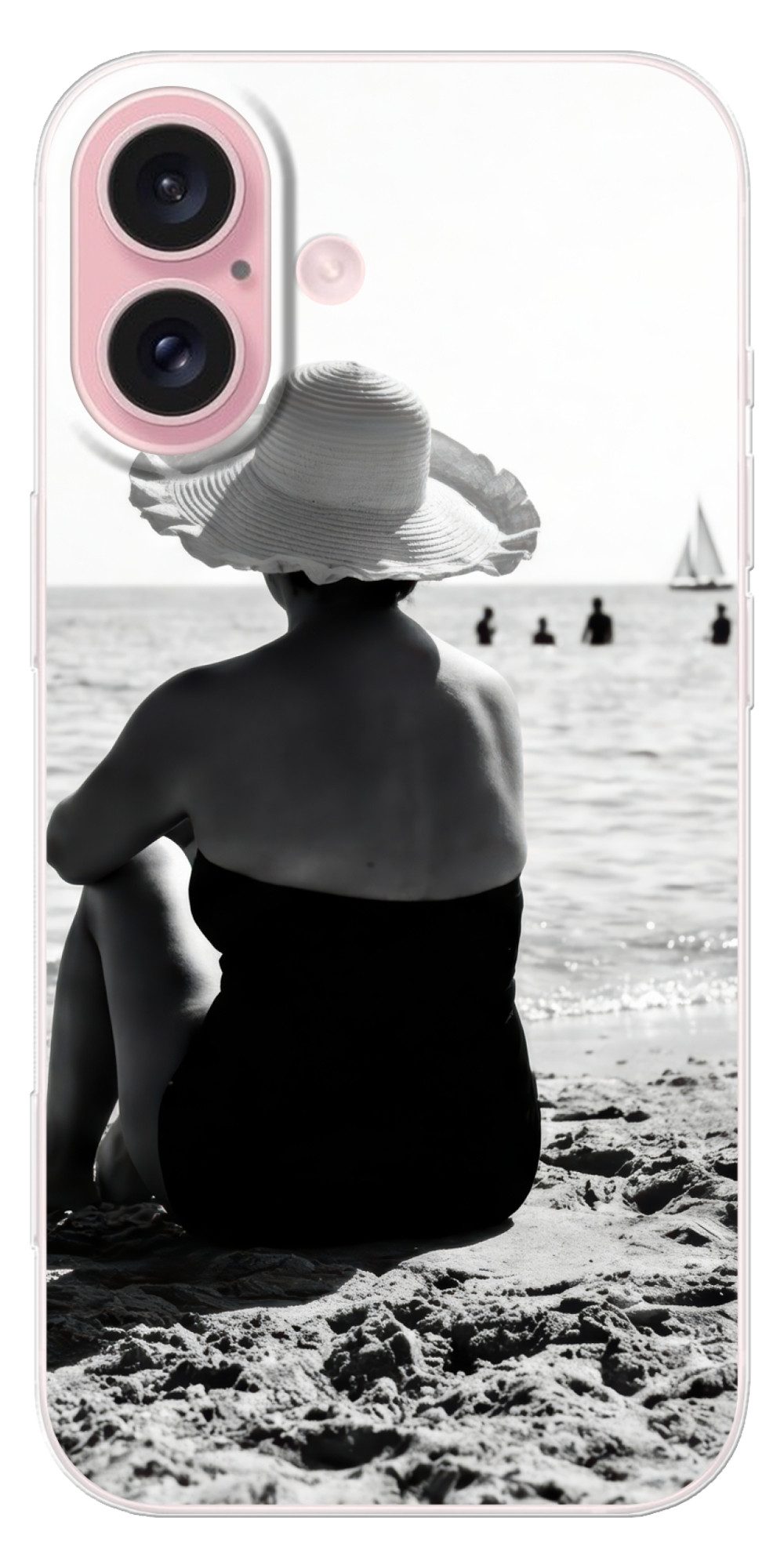 MuchoWow Handyhülle für Apple iPhone 16 Frauen - Sonnenhut - Strand - Schwarz - Weiß, Smartphone-Bumper, Print, Handy Schutzhülle Dünn