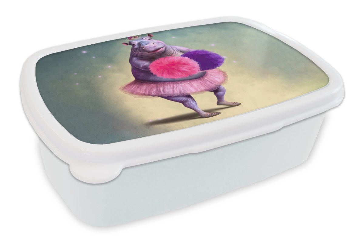 MuchoWow Lunchbox weiß Pompons Mädchen - (2-tlg), Brotdose, - Blumen - für - Erwachsene, für Porträt - und Ballerina und Kinder Nilpferd Kinder, Kunststoff, Jungs Brotbox