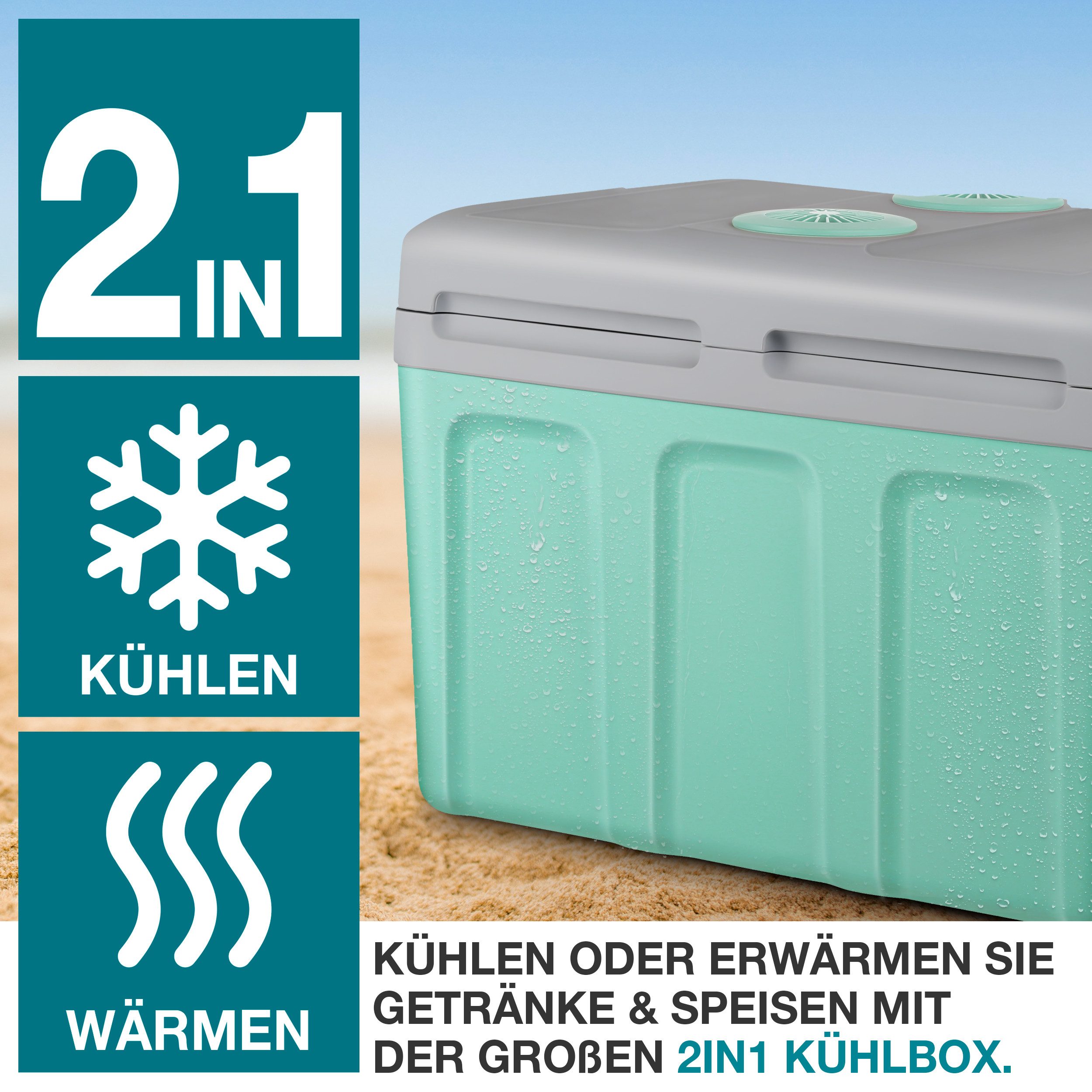 TOM Elektrische Kühlbox 2in1 40 Liter mit Handtuch, 40 l, 230V (AC), 12V (DC), Geräuschlos, 56x41x39cm (B x H x T)