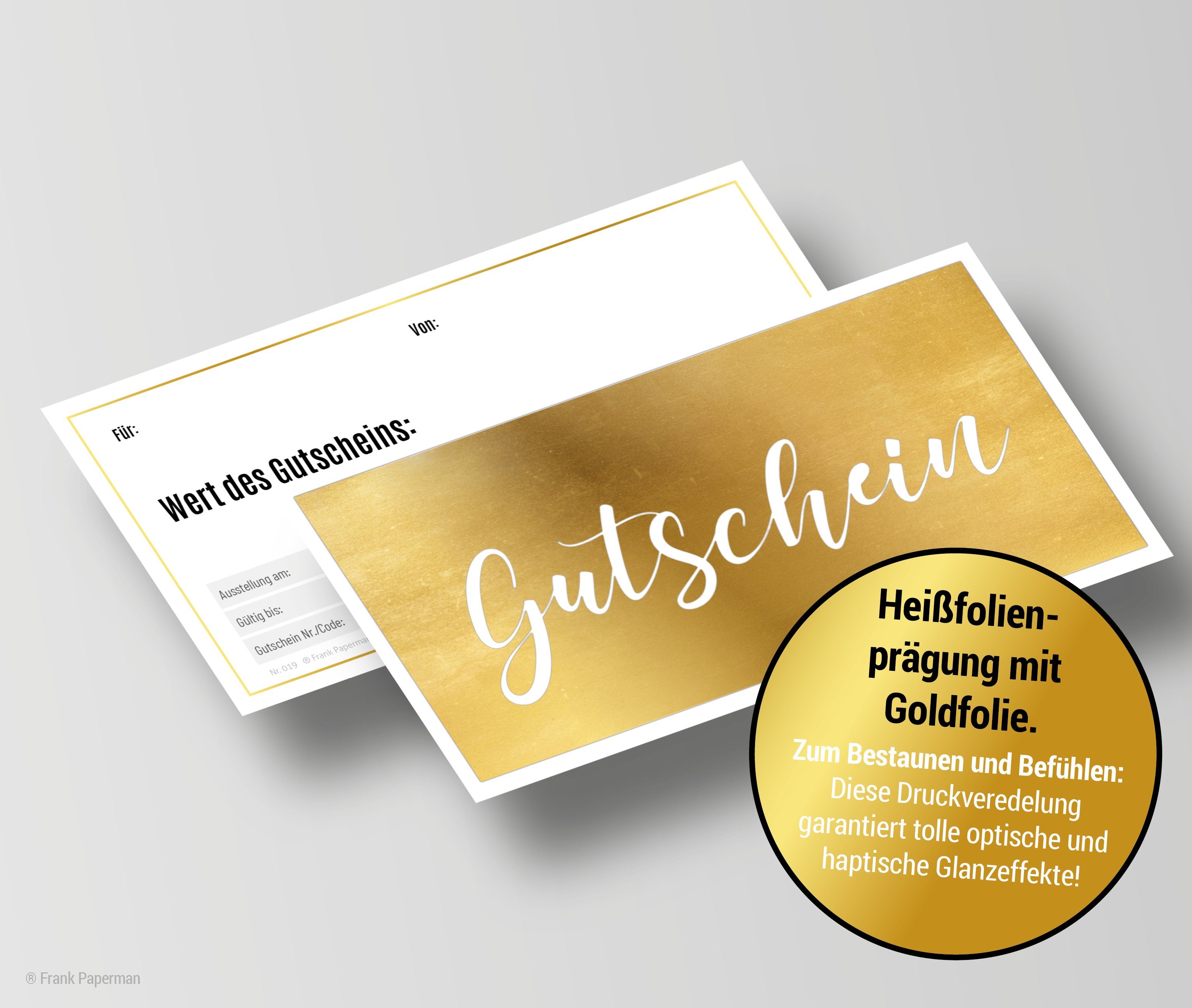 Frank Paperman Geschenkkarte Gutscheine & Terminkarten, Goldfolienprägung, Stempelfeld, 100 % Recyclingpapier, Geschenkgutschein, Danke, Geburtstag