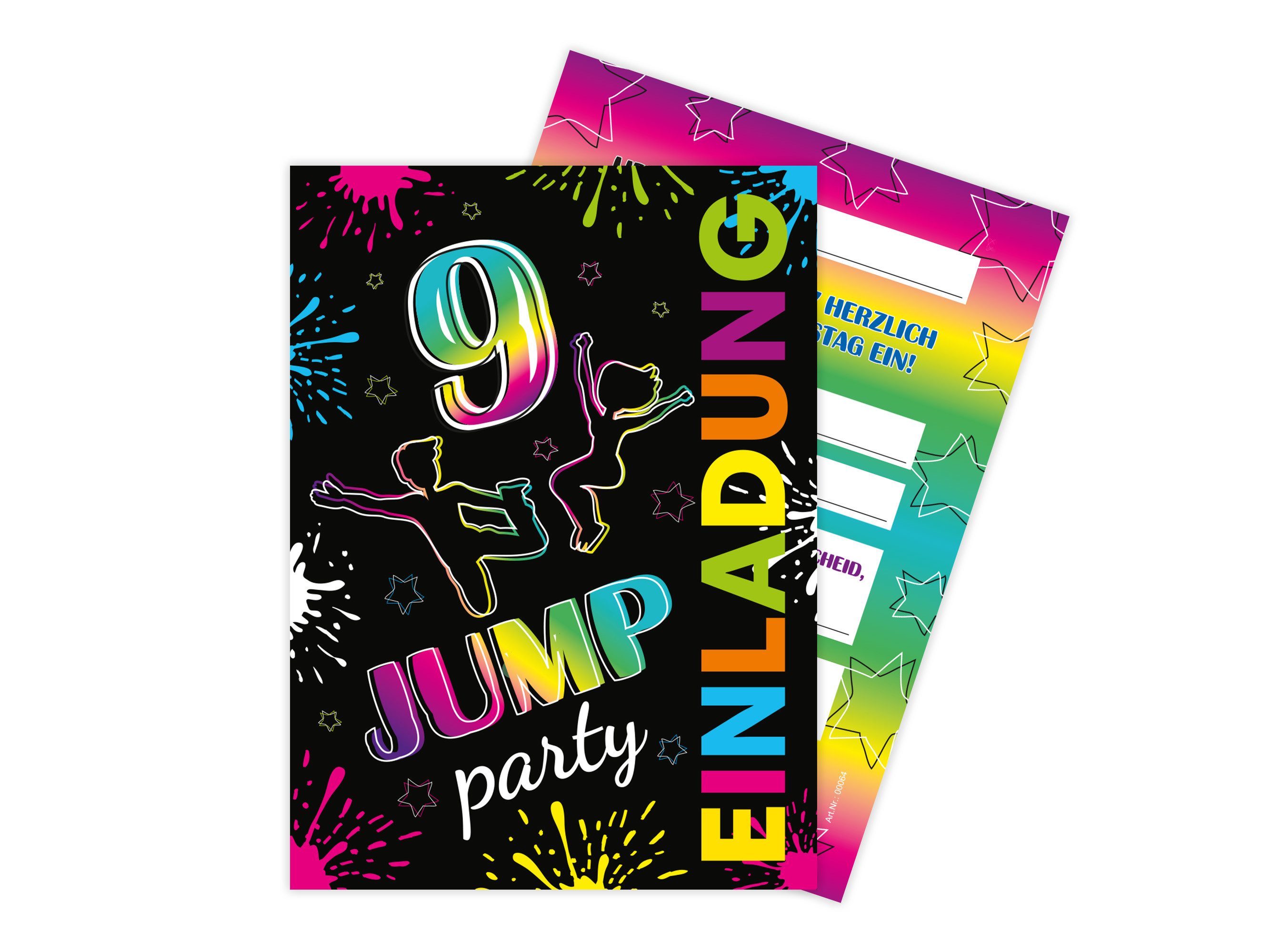LIMONIA Einladungskarten Jump Party zum 9. Kindergeburtstag Jungs Mädchen Einladungen Trampolin, Einladungskarten zum 9. Geburtstag Trampolinpark Jump Party