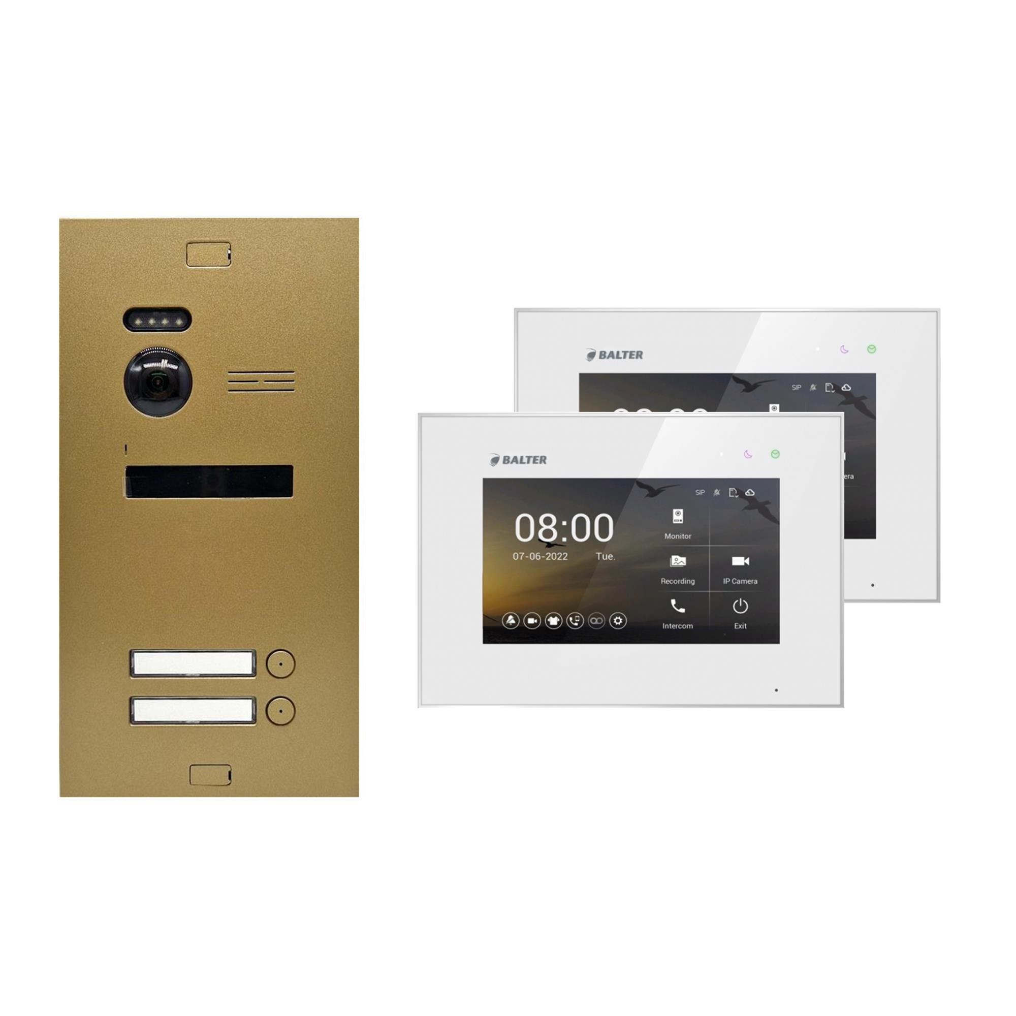 Balter Video-Türsprechanlage EVO-HD Komplettset 2-Familie Gold 2x 7" Monitor Weiß (Set, 2-Familienhaus, Komplettset, FullHD Kamera)