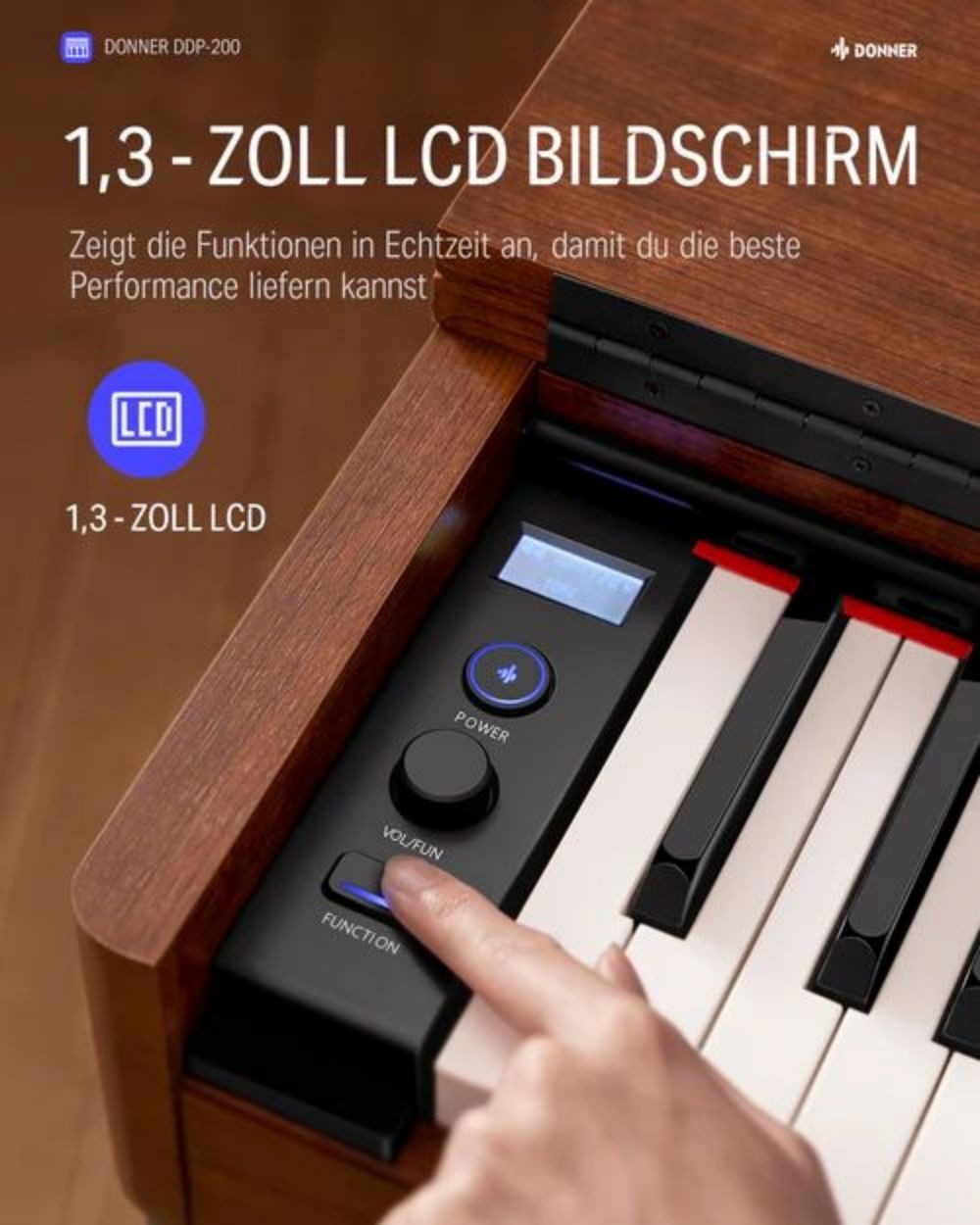 Donner Digitalpiano E-Piano 88 Tasten gewichtetes Hammermechanik Klavier DDP-200 (SET), Holzgehäuse, LCD-Display, 5 Reverb-Effekte, Bluetooth-MIDI, 3 Pedale