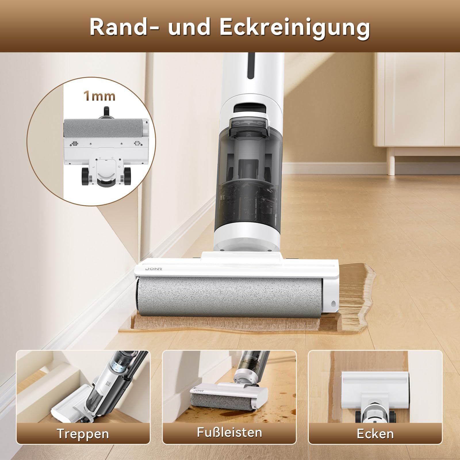 JONR Nass-Trocken-Akkusauger ED12 Lite 1mm Kantenreinigungsbürste, Selbstreinigung Wischsauger, 3,5kg Ultraleicht Staubsauger für haare, 750mL Wassertank, Anti-Verwirrungs-Haar
