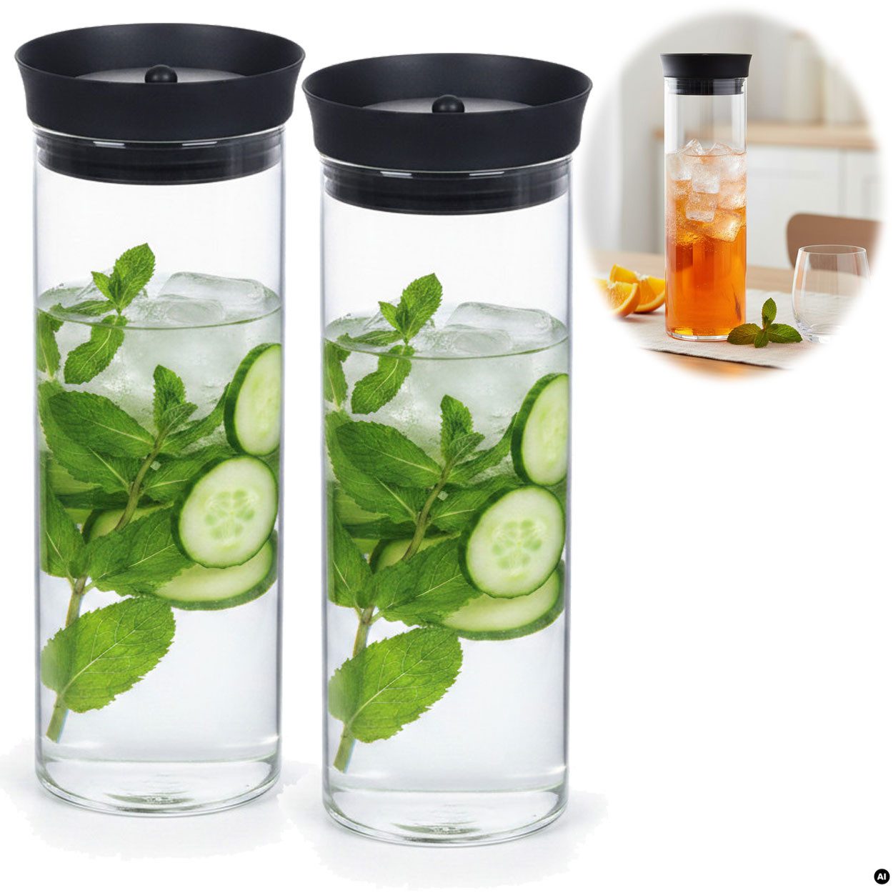 LS-LebenStil Wasserkaraffe 2x Glas Wasserflasche 1L Borosilikatglas Flasche Karaffe mit Deckel, (mit Silikon Deckel und integriertem Sieb, Glaskaraffe Trinkflasche, 2-tlg., für Sprudel, Wasser Infused Water, Tee, Saft und Kaltgetränke Eistee), Modernes, l