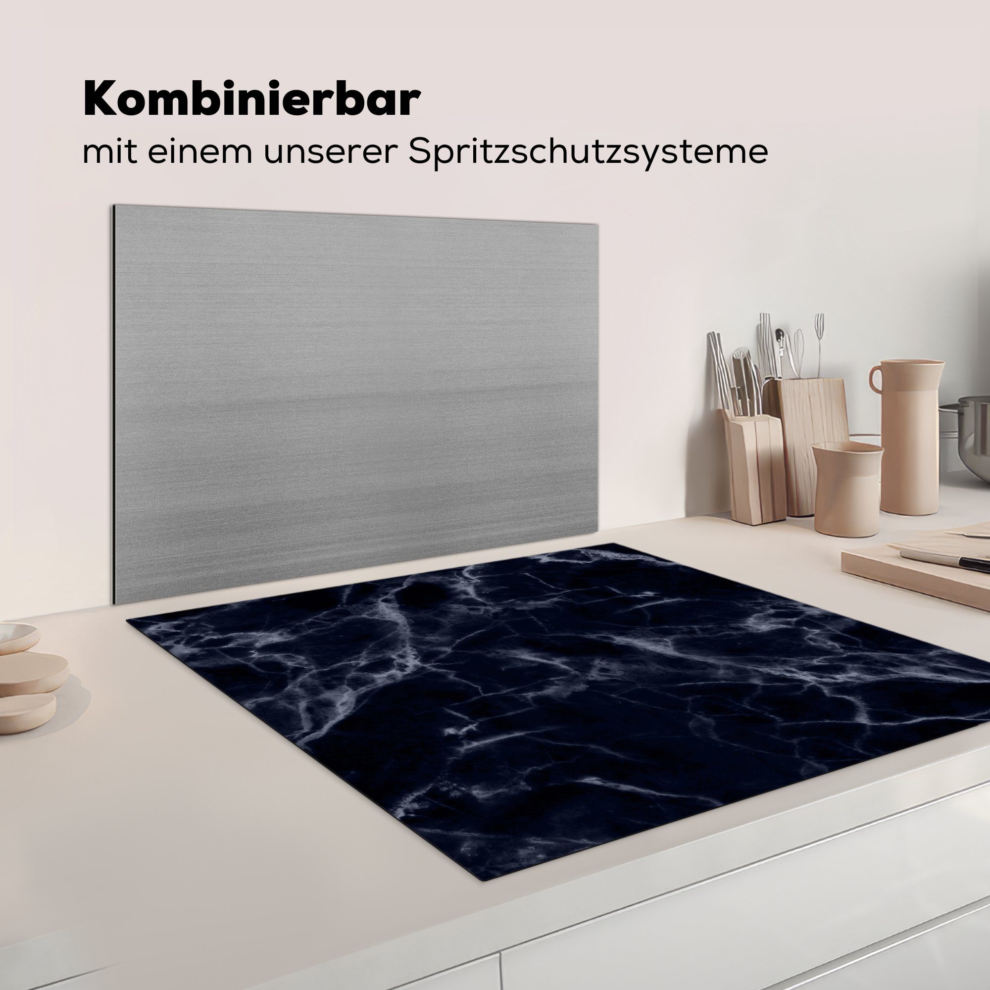 Arbeitsplatte cm, - küche Weiß, Schwarz MuchoWow Vinyl, Marmor (1 für Herdblende-/Abdeckplatte Ceranfeldabdeckung, 78x78 tlg), -