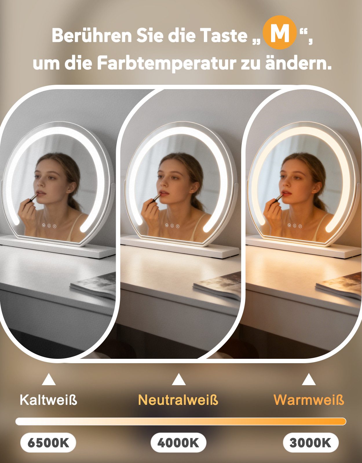 Nettlife Schminkspiegel LED Beleuchtung Hollywood schwarz/Weiß Kosmetikspiegel 3 Lichtmodi, 40×35CM Kosmetikspiegel klein dimmbar Touchsensor Für Schminktisch